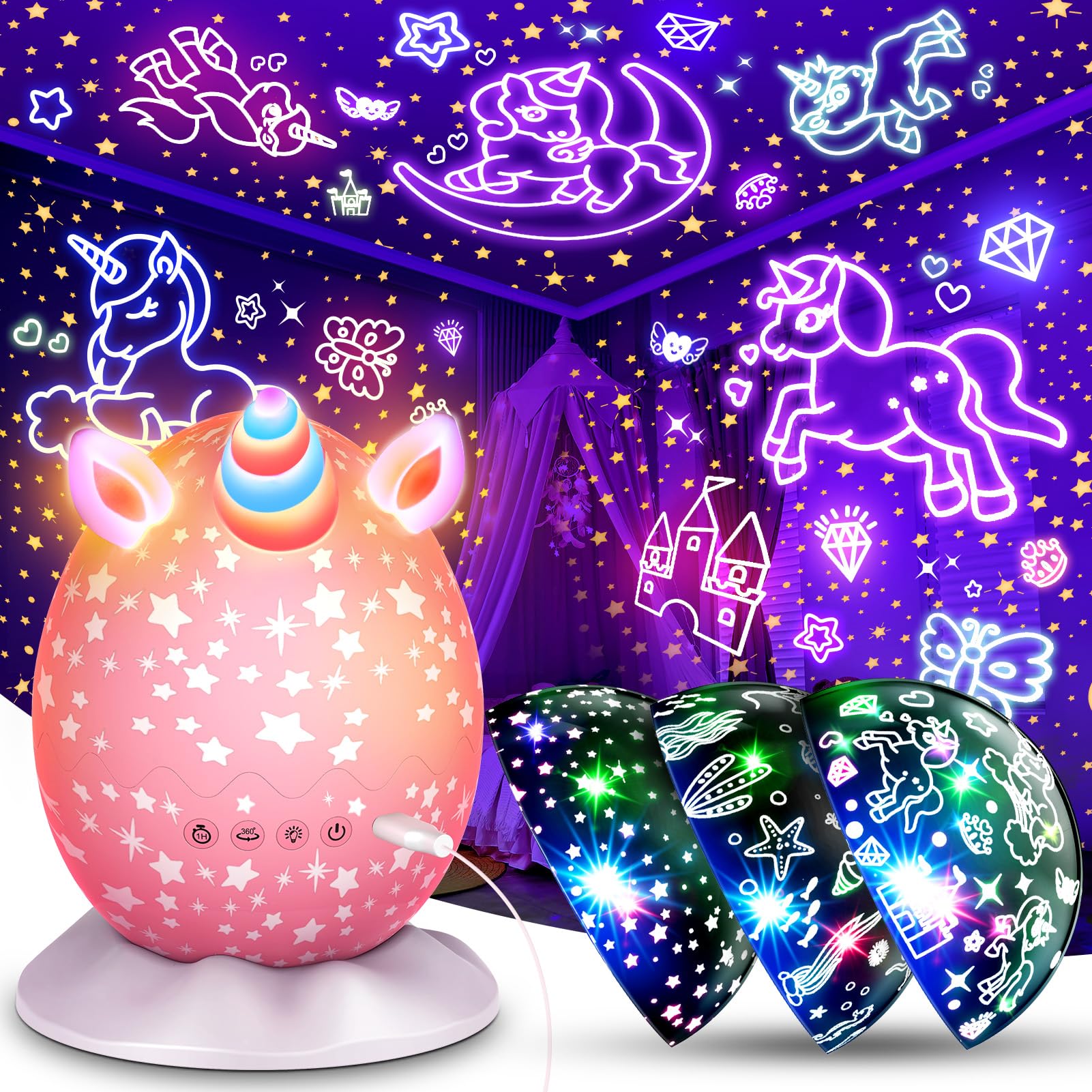 Unicorn Night Light Kids Toys 3 in 1 Unicorns & Starry Sky & Sea World Nights Lights Projector for 3 4 5 6 7 8 9 10 11 12 Year O