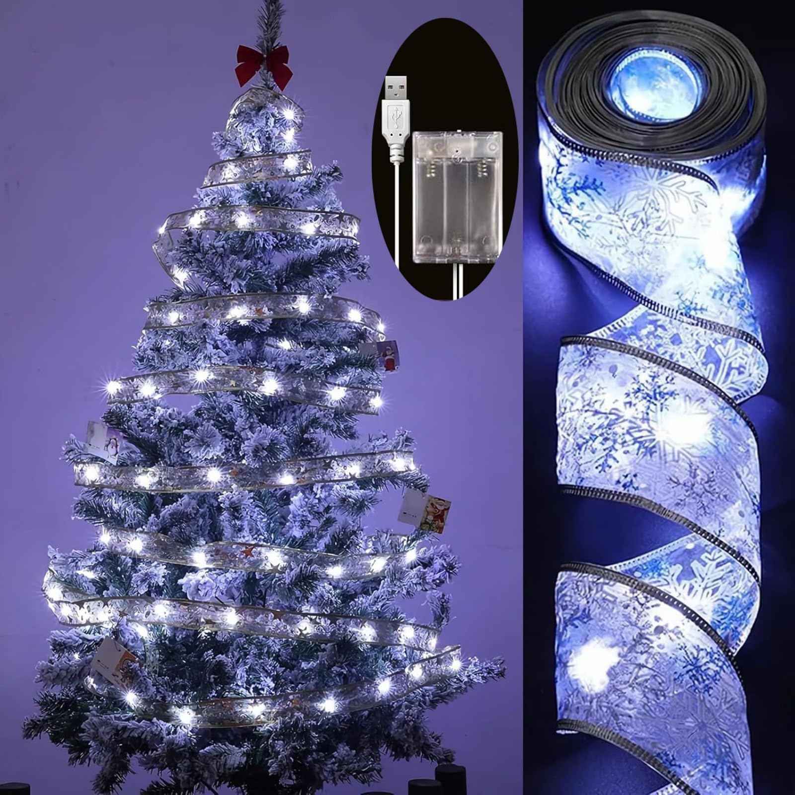 YUNGSUN Christmas Tree Decorations, 64ft 200 LED String Lights, Battery-Powered Copper Wire Christmas Tree Silver Ribbon Lights for Holiday Party Weddings Indoor Outdoor Christmas Tree Decorations