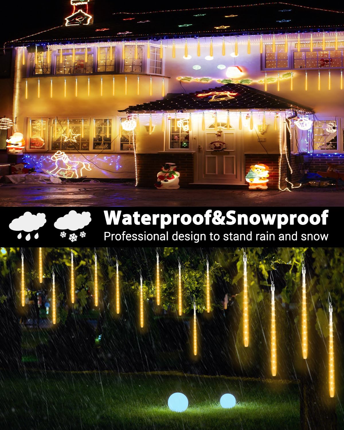 Joomer 2-Pack Christmas Lights Outdoor, 11.8 Inch 10 Tubes 240 Led Meteor Shower Lights, Led Falling Icicle Cascading Lights With Timer Waterproof And Connectable For Christmas Decoration (Warm White)
