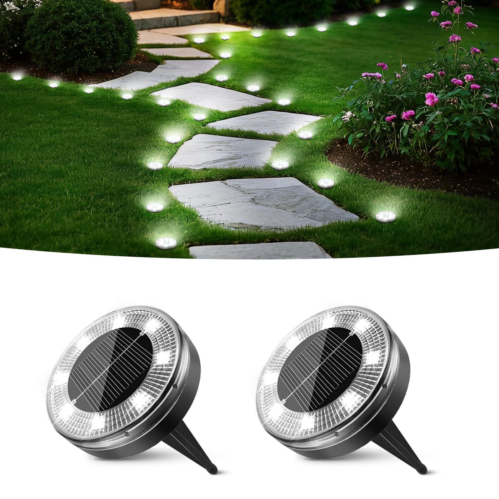 Peasur Mini Solar Ground Lights  2 Pack Flat Solar Disc Lights Outdoor Waterproof  2.3 Inch Small Solar Garden Lights Landscape Lighting for Outside Pathway Garden Yard Lawn Walkway Cool White
