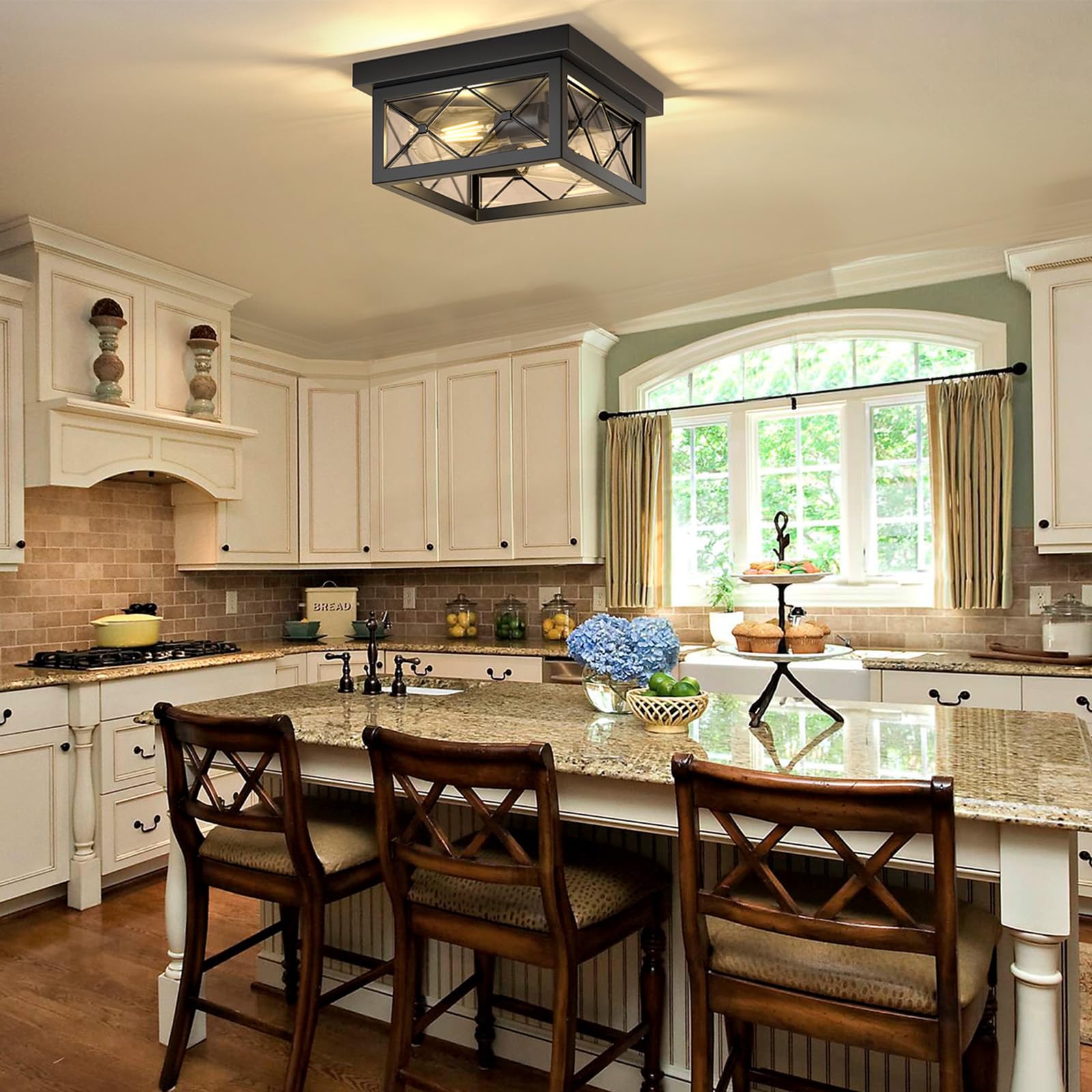 Asnxcju Farmhouse Light Fixtures Ceiling Mount, 2-Light Black Flush Mount Ceiling Light With Clear Glass Shade, Metal Cage Squar