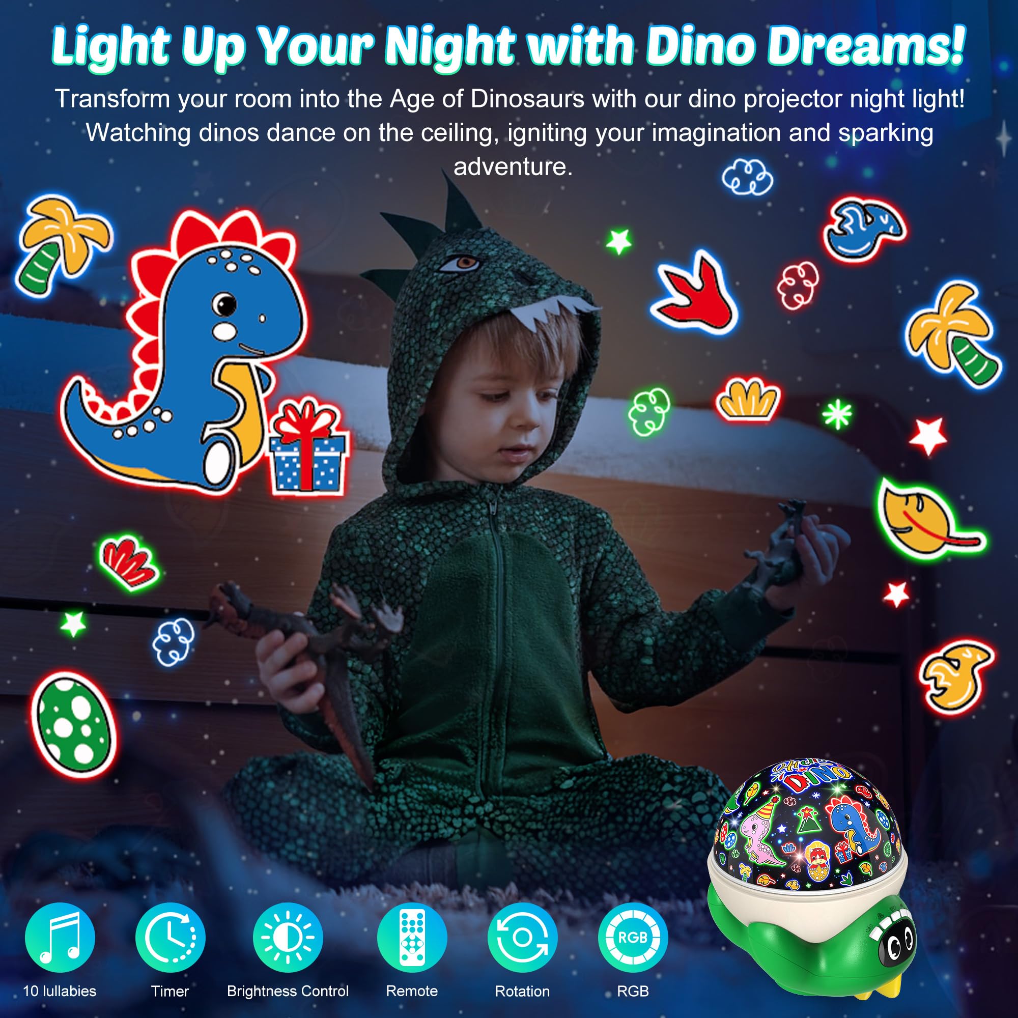 Dinosaur Night Light Projector For Kids Green Dino Toys For Boys, Star Night Lights With Music And Timer, 17 Mode Color Changing Lamp With Remote, Christmas Birthday Gift For Baby Girl Boy