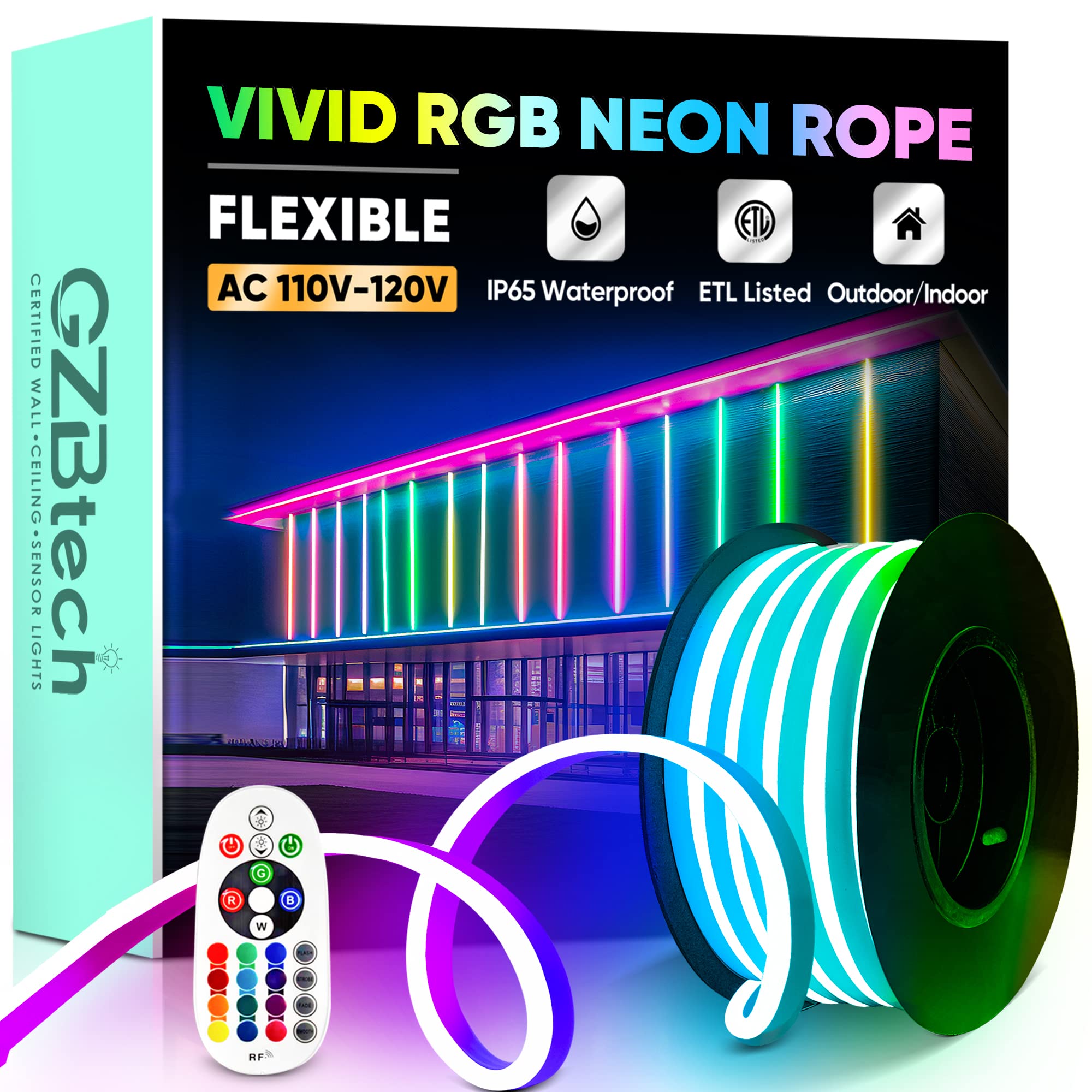 Gzbtech Rgb Led Neon Rope Lights 16.4Ft/5M  Ac 110-120V Waterproof Color Changing Led Rope With Remote Controller  Dimmable Multi Color Neon Rope Lighting For Indoor Outdoor Commercial Use
