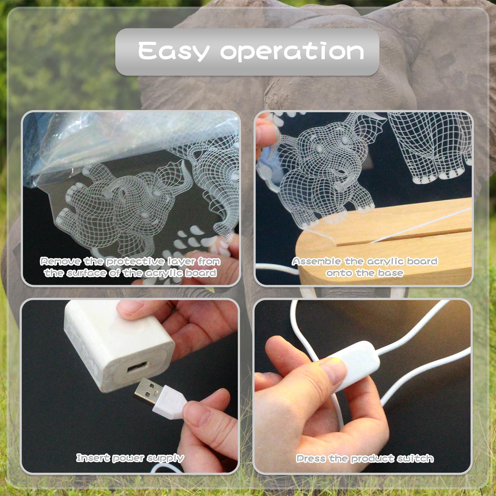 Hpydiy Elephant Shape 3D Crystal Acrylic Light Base With Wood Stand  Led Light For Kids Room Decor  Gift For Mom On Birthday Or Holiday  Home D?Cor Art Display