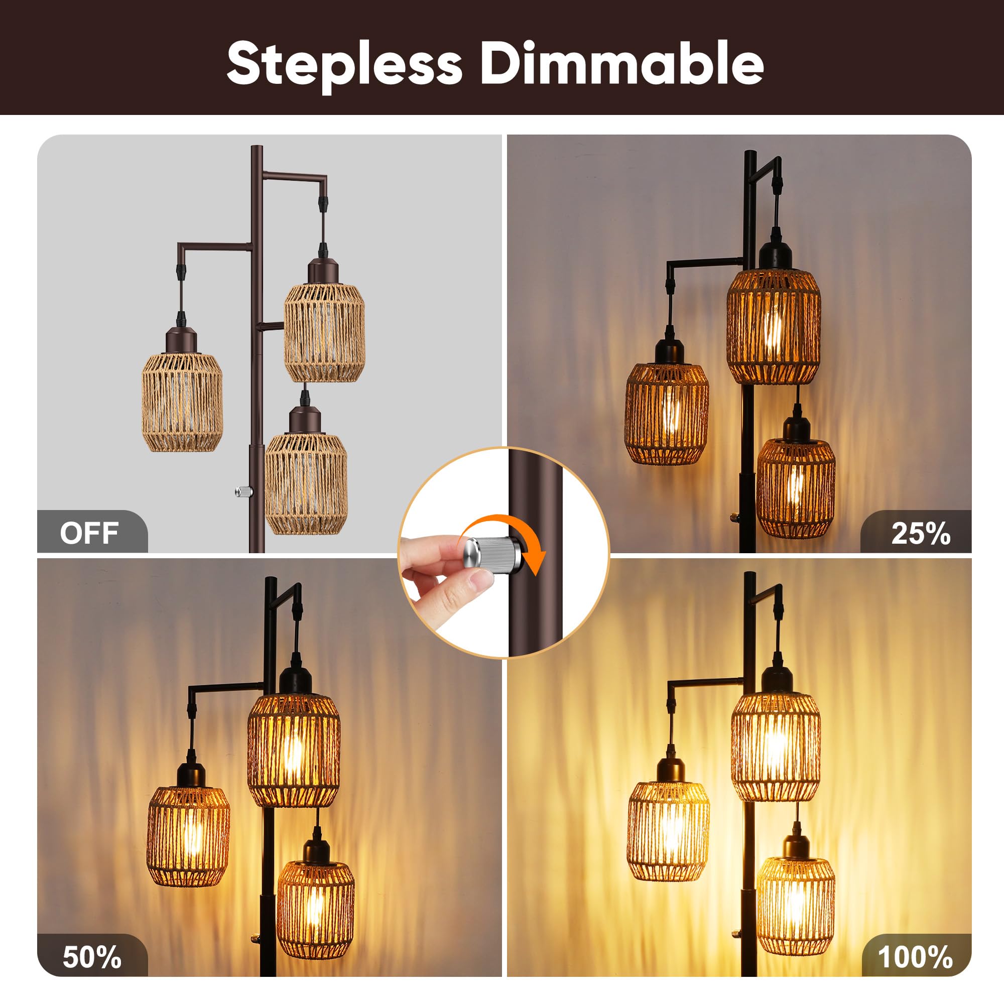 ROTTOGOON Dimmable Boho Floor Lamp - 3 Light Rattan Design, 68" ORB with Brown Lampshades, Model ROFP125AZ