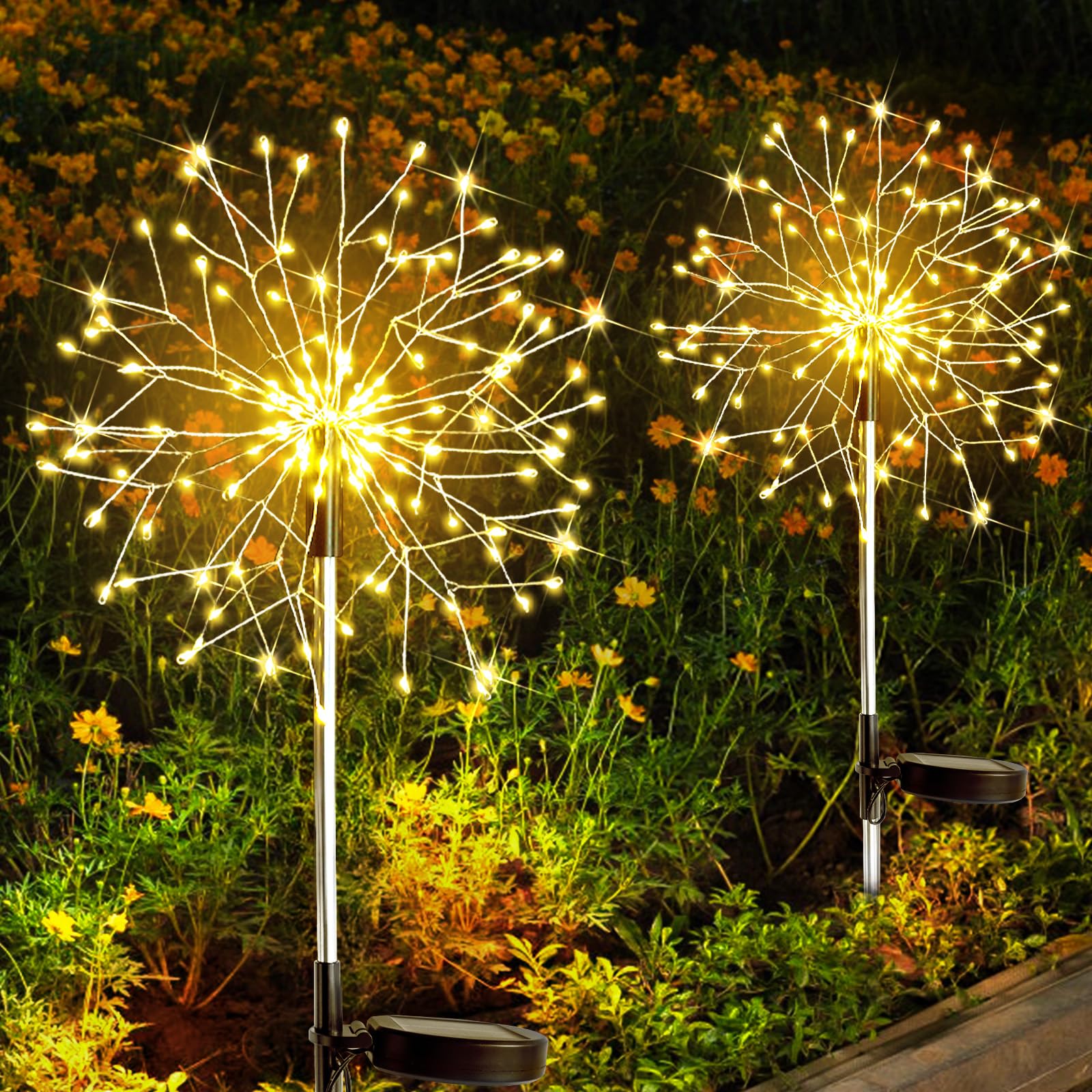 Suddus Solar Garden Lights Outdoor Waterproof Decorative, 2Pack 150Led Firework Lights, Solar Fairy Lights For Yard, Garden, Party, Patio, Pathway, Flowerbed - Warm White