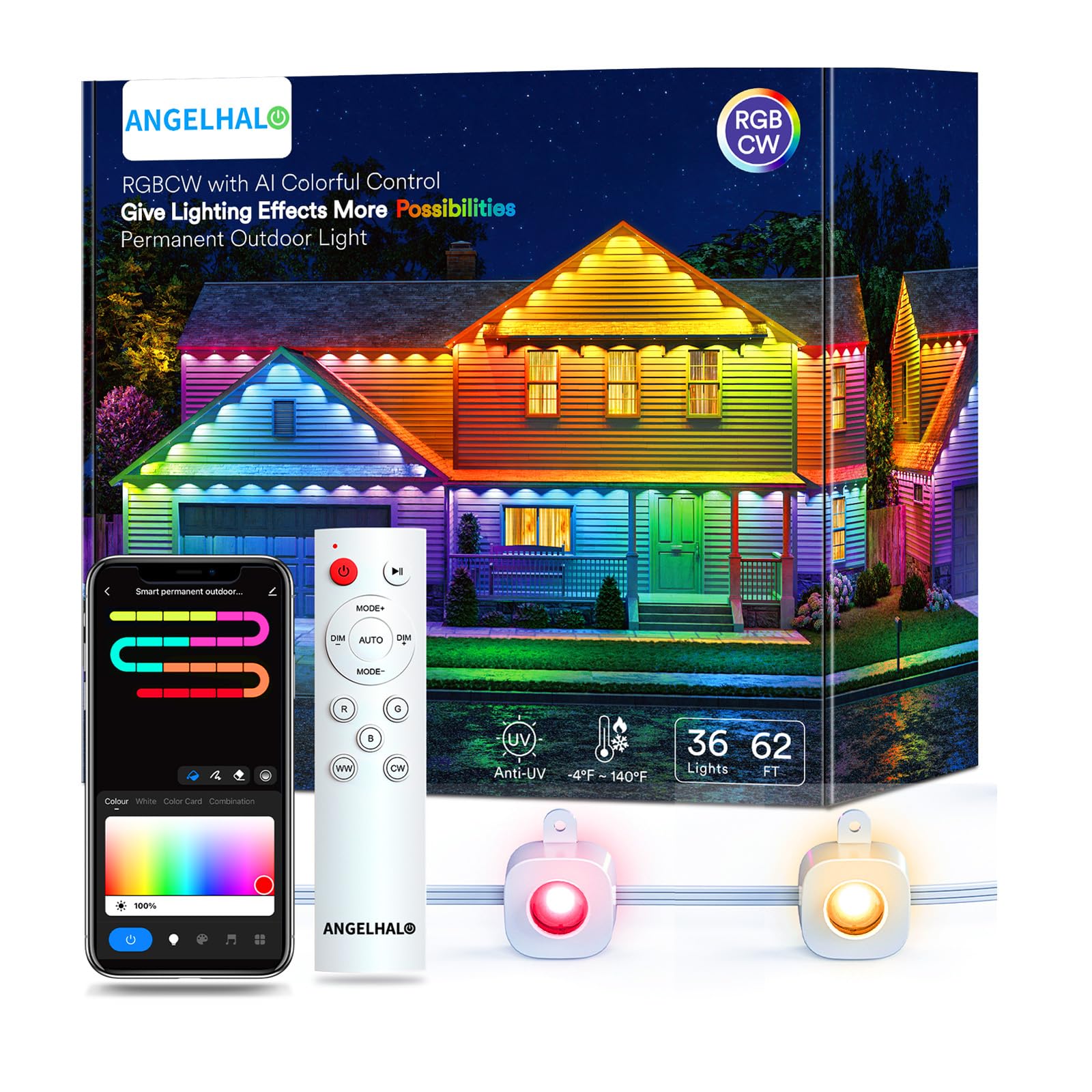 ANGELHALO Permanent Outdoor Lights, 50ft Smart Outdoor Lights with 36 LED Lights, Cool/Warm Eaves Lights IP65 Waterproof for Dai