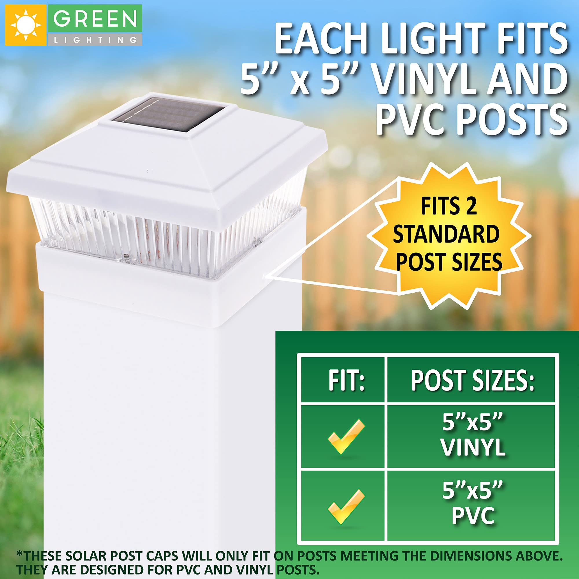 GreenLighting Classic Solar Post Cap Lights - Fits 5x5 PVC/Vinyl Outdoor Solar Powered Post Cap Light, Fence, Deck, Garden - Bri
