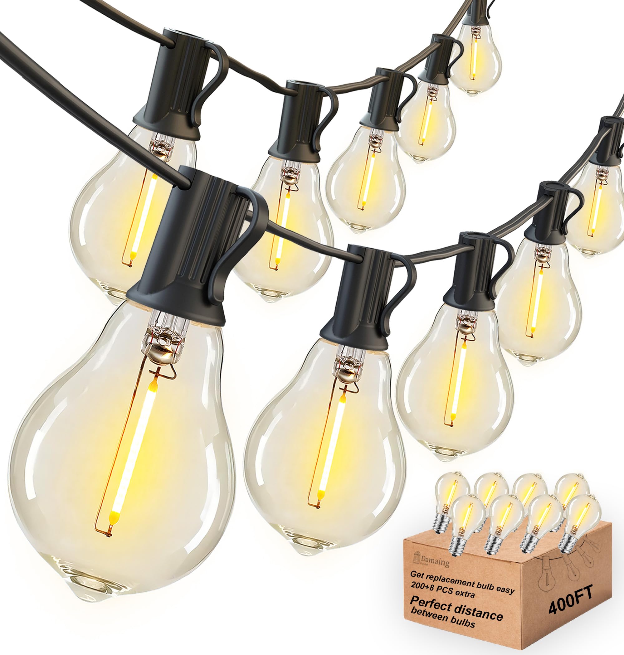 DAMAING Outdoor String Lights 400FT(4x100FT) Waterproof Patio Lights with 208 Shatterproof LED Edison Bulbs,Connectable Outside 