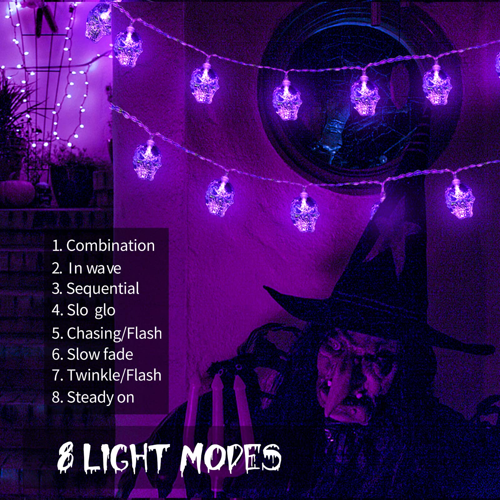 Suddus Halloween Lights Indoor Battery Operated, Halloween Skull String Lights Scary Skeleton 20Led, Spooky Halloween Door, Yard, Party, Decoration