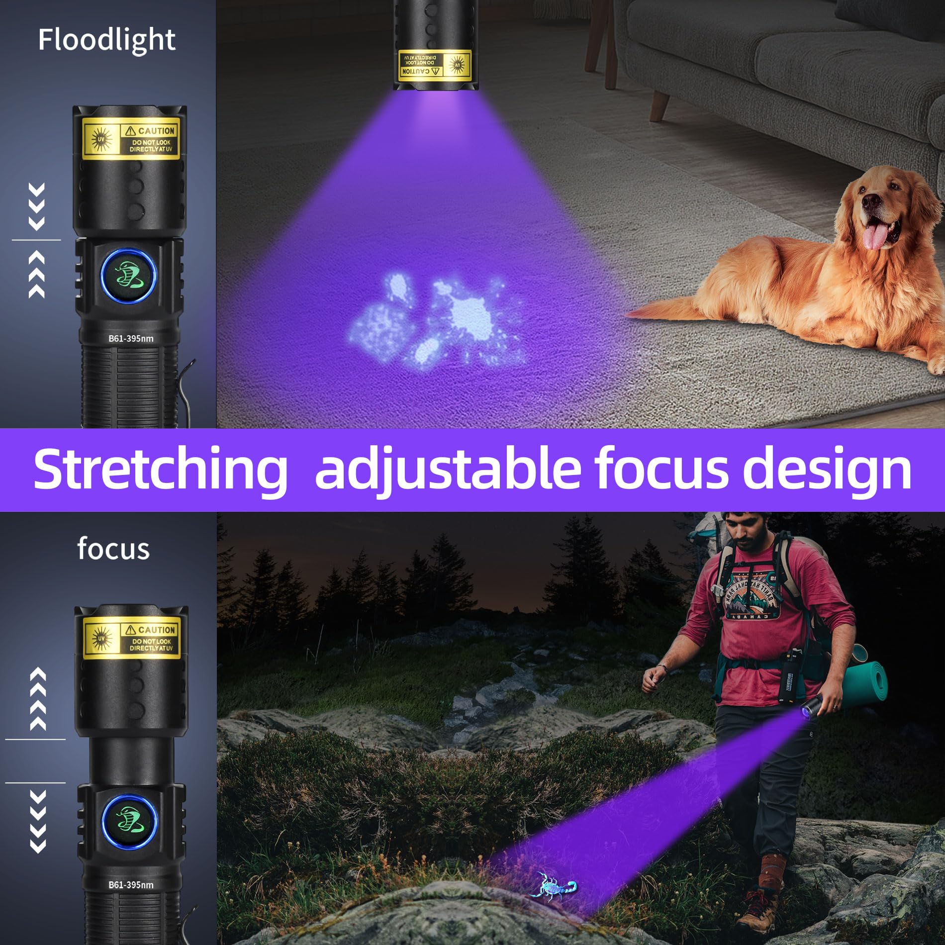 DARKBEAM UV Flashlight, 395 NM Black Light LED, Rechargeable USB-C, Water Resistant, Focusable, Model B61-DB-395NM