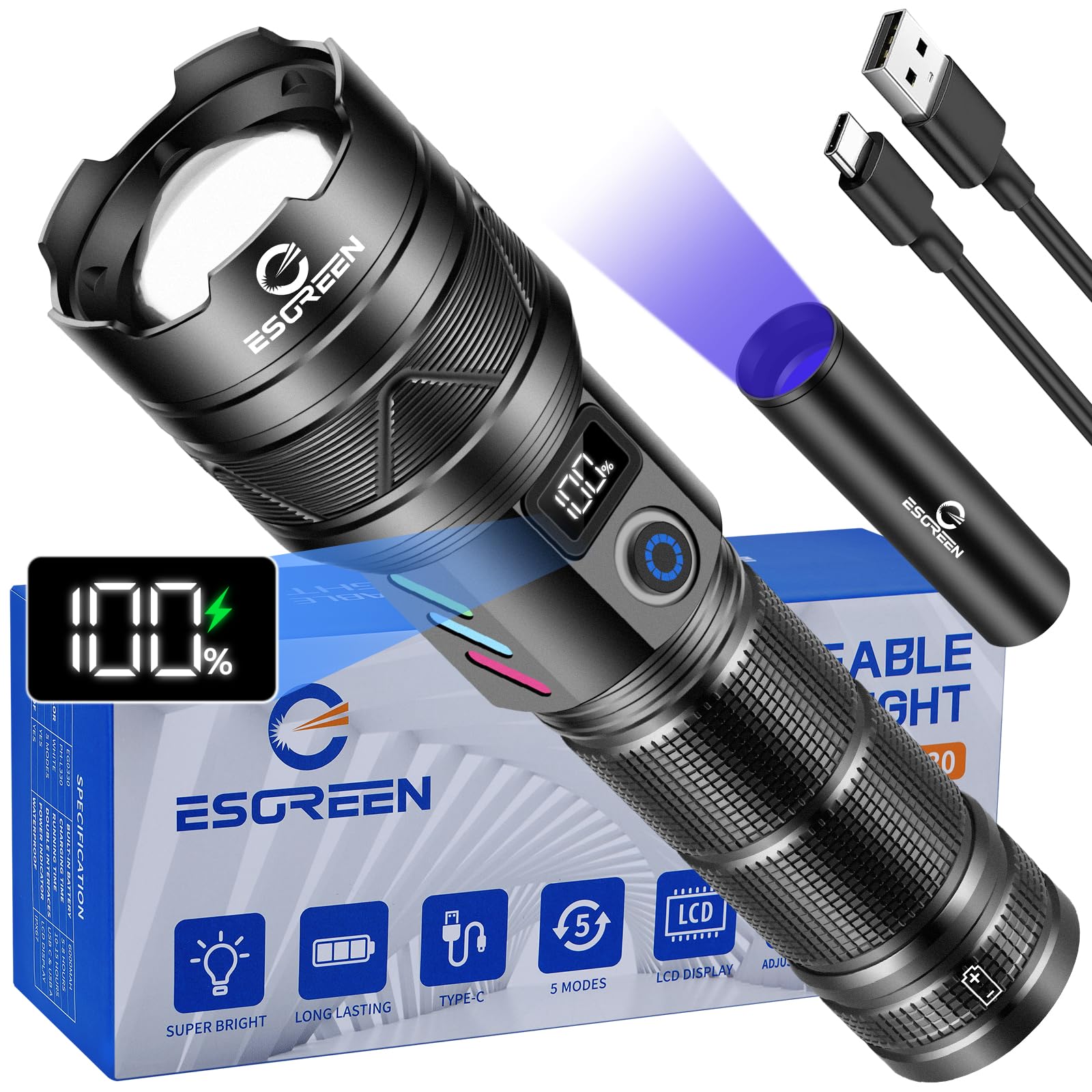 Esgreen Rechargeable Flashlight 2000 Lumens, 5000ft Range, High Beam, Aluminum, Model ED0330