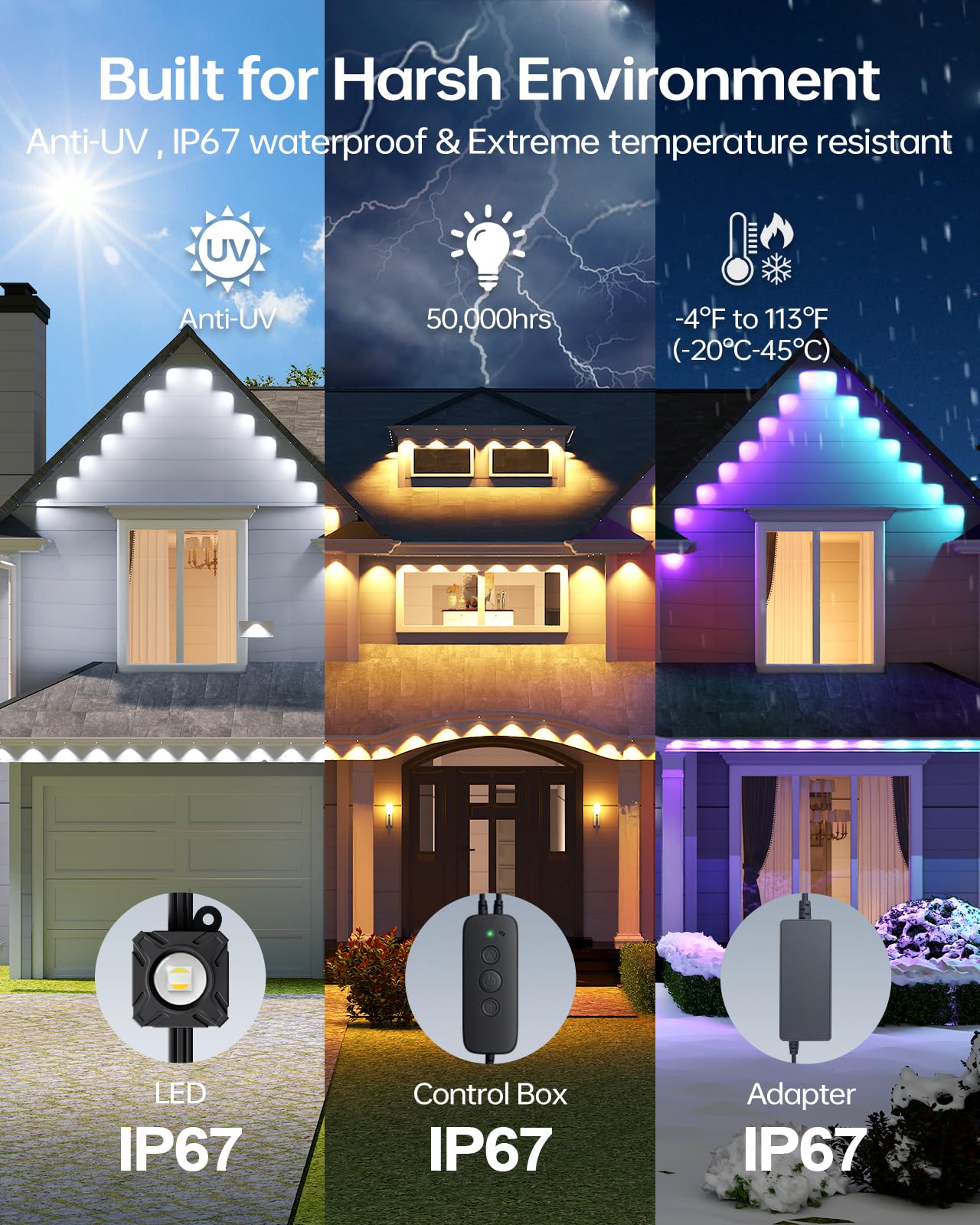 ASAHOM S108D 200FT Permanent Outdoor Lights, 144 RGBCW LED, IP67 Waterproof, Black
