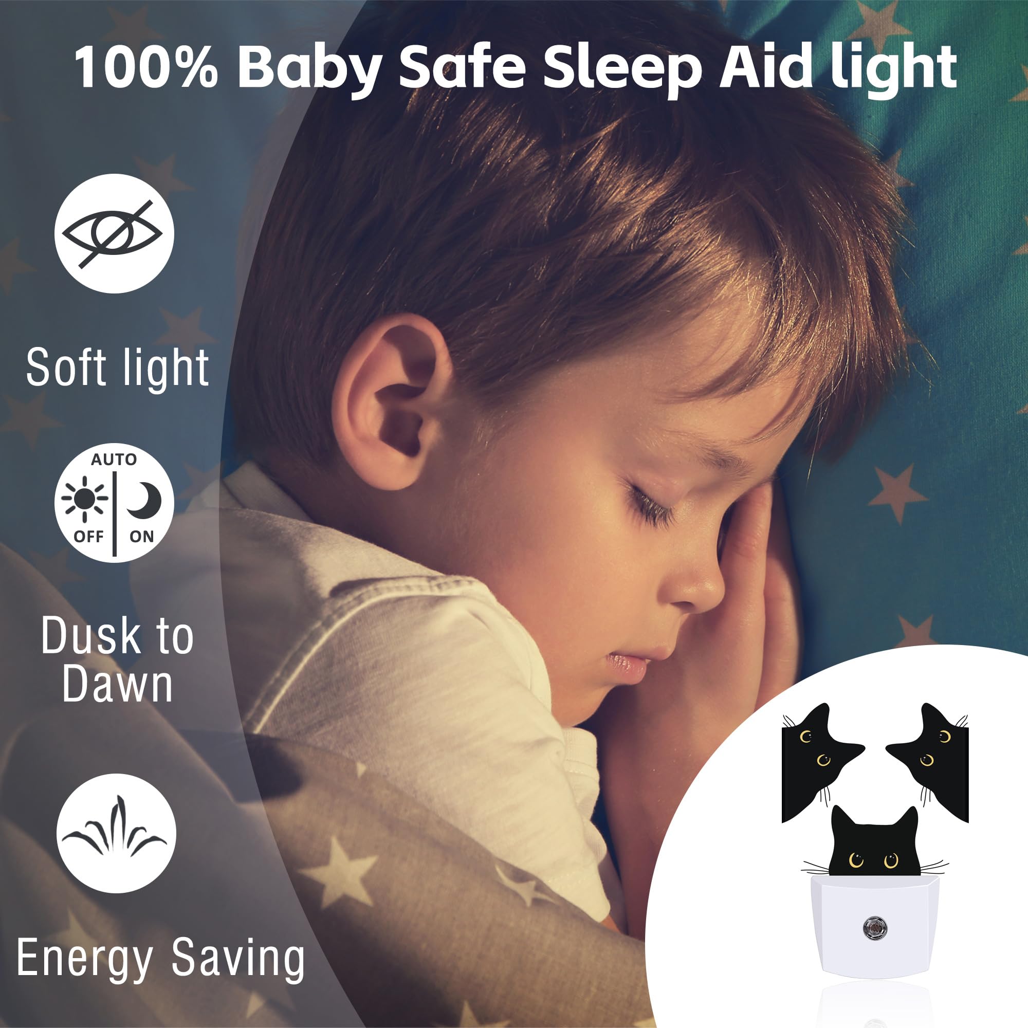 Sndheke Funny Black Cats Night Light, Cute Kittens Dusk To Dawn Plug In, 0.5W Energy Saving Sleep Friendly Night Light For Kids