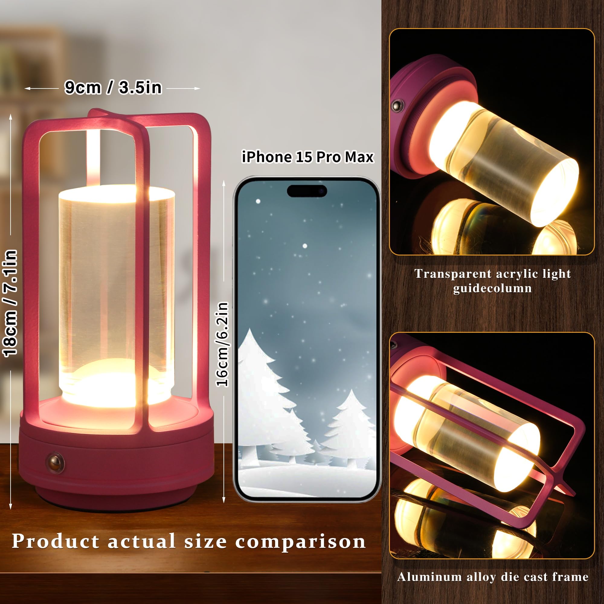 Portable Metal Table Lamp, Cordless Table Lamp, Rechargeable Battery Powered Portable Led Desk Lamp, 3 Color Stepless Dimming To