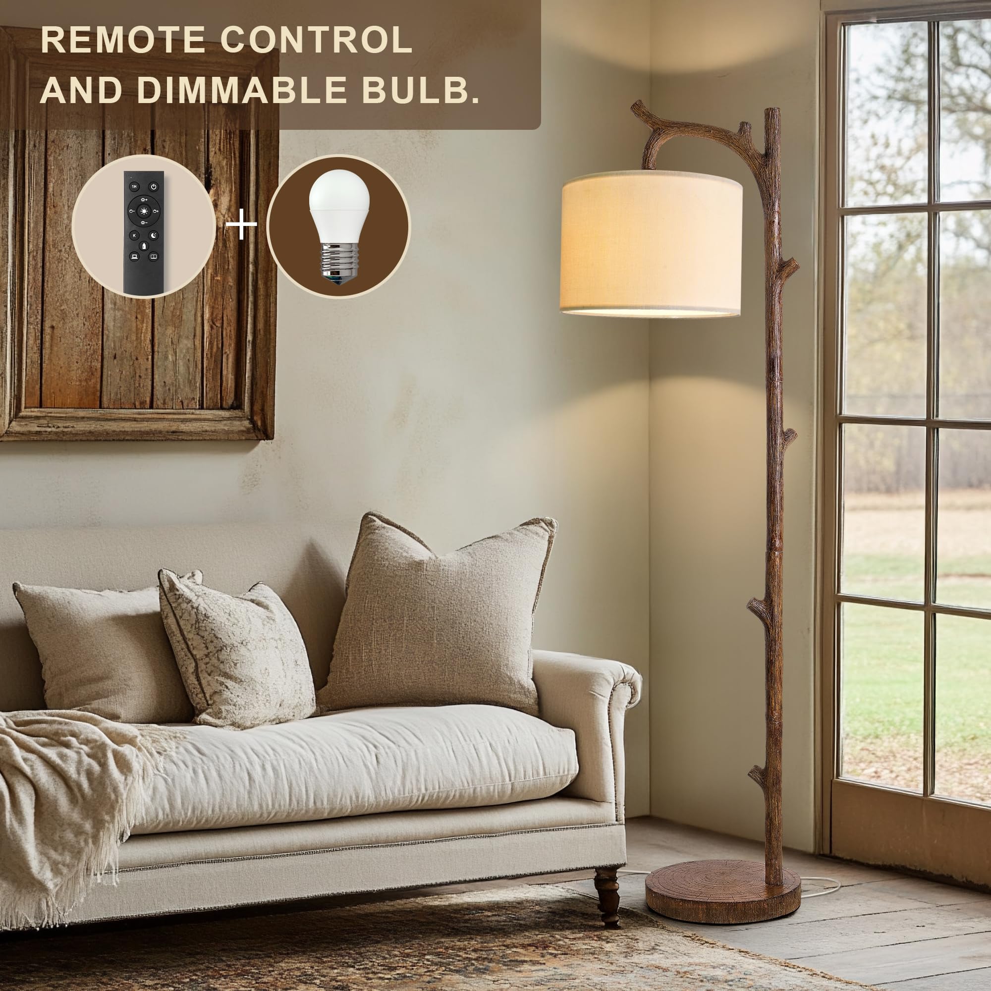 OYEARS Retro Farmhouse Floor Lamp - Brown Tree Trunk Design, Resin Material, Remote Control, Model AMZ-F1159WC-RC