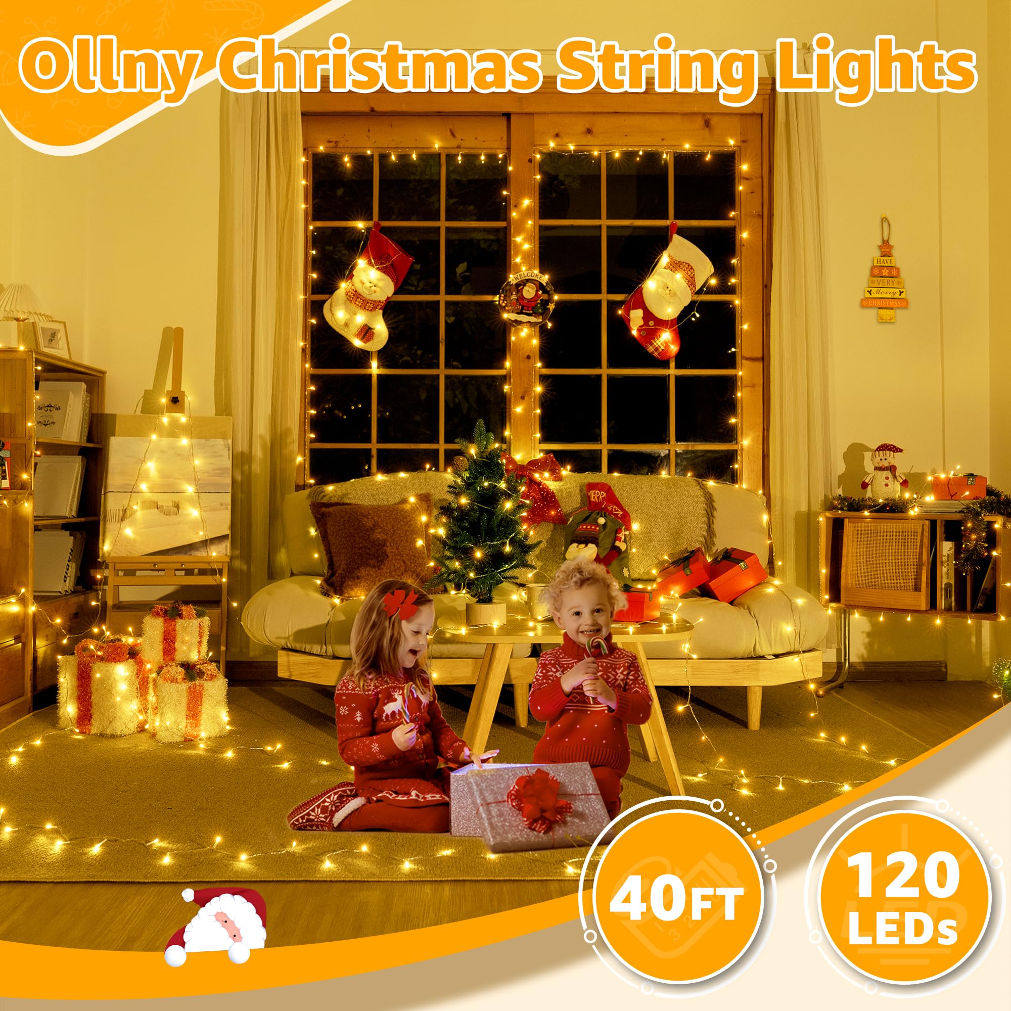 Ollny String Lights 120Led 40Ft, Warm White Fairy Lights Waterproof Connectable Timer, 8 Modes Plug In Christmas Lights For Bedroom Outdoor Party Indoor Classroom Decorations