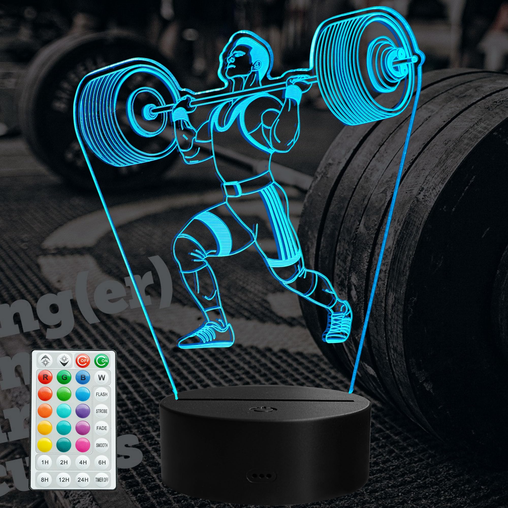 POSSHE Weightlifting Night Light, Weightlifting Gifts for Boy, Gym 3D Night Light with Remote Control, 16 Colors Changing, RGB F