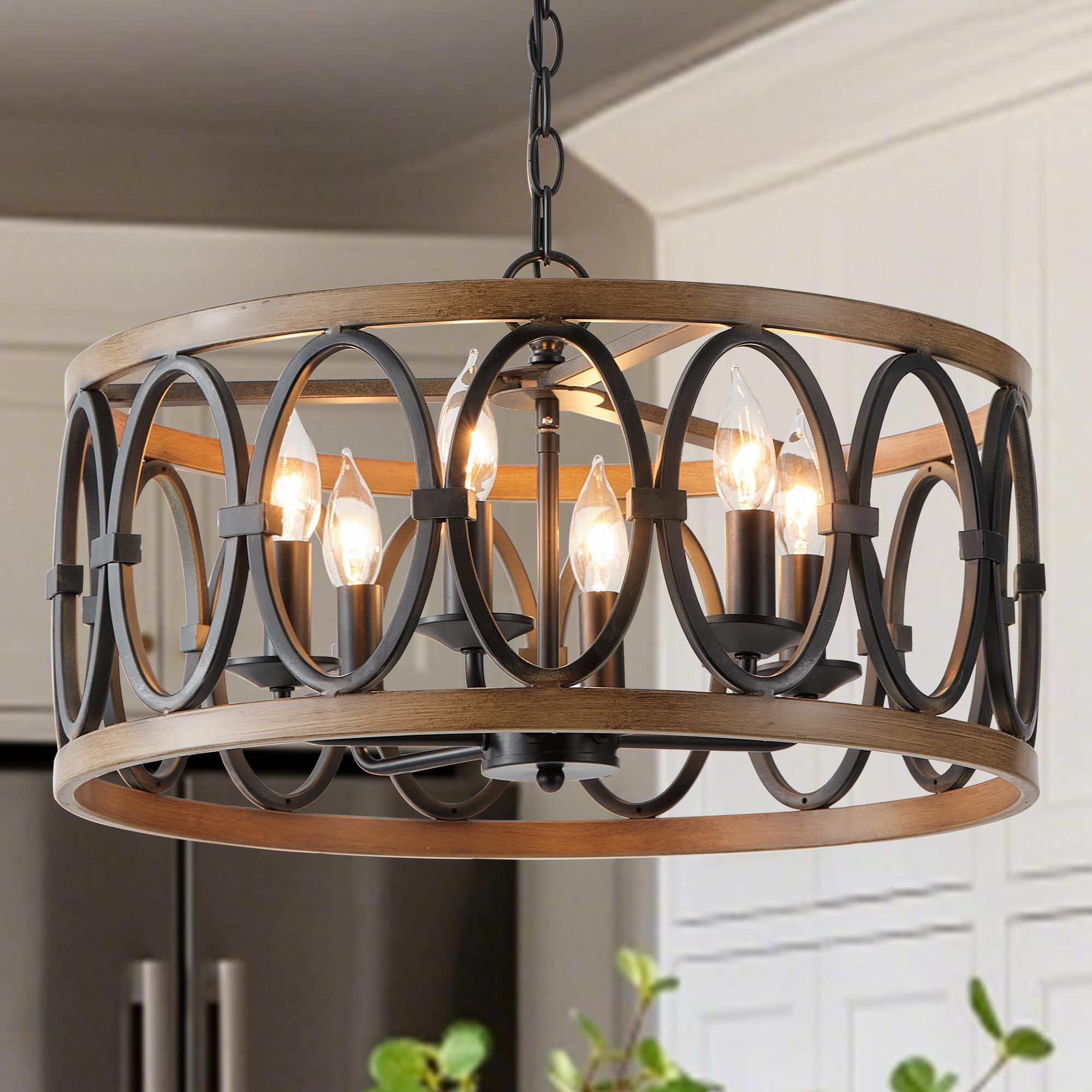 OSAIRUOS Farmhouse Antique Chandelier for Dining Room Kitchen Island 6-Light Drum Pendant Chandeliers Black and Brown Metal Roun