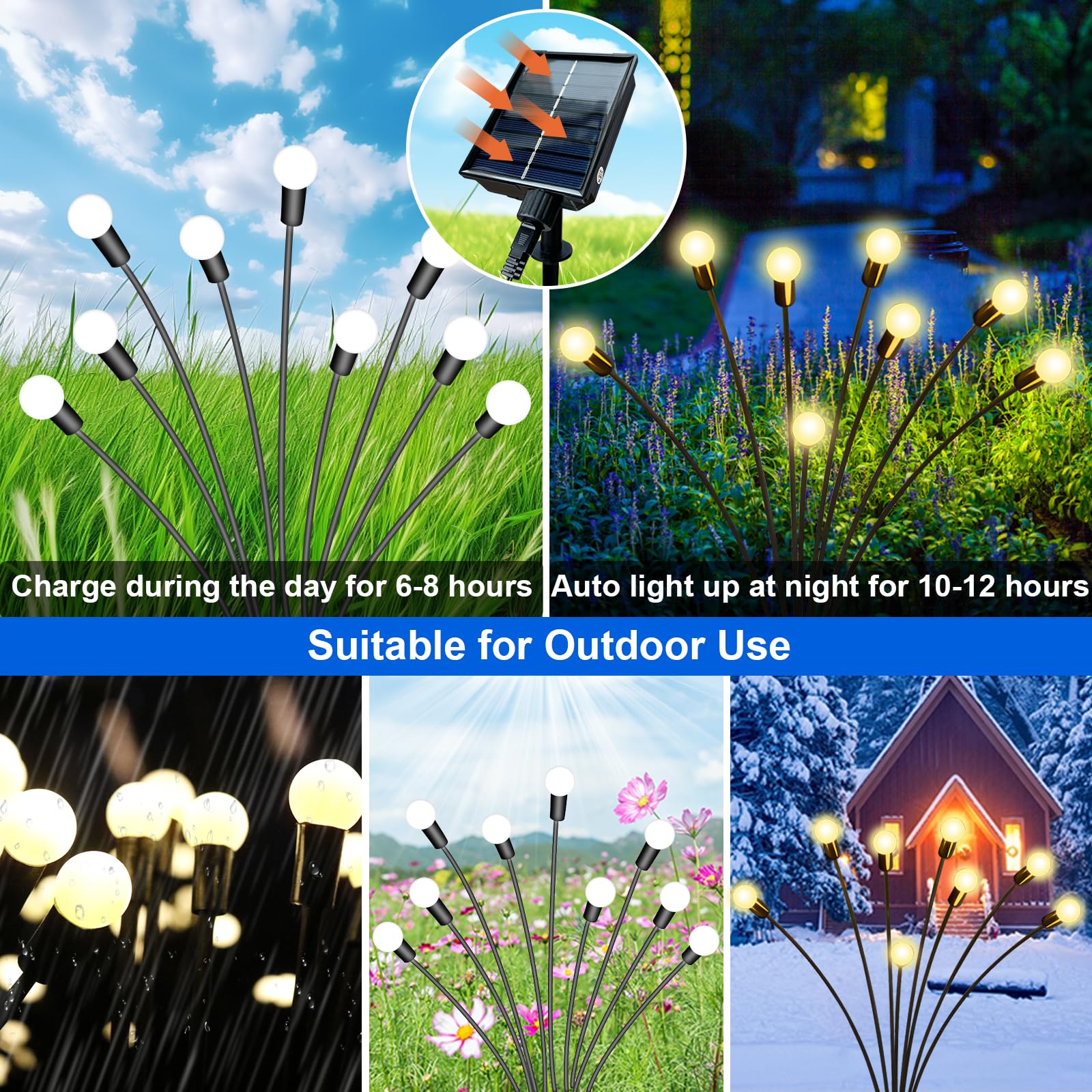 Firefly Lights Solar Outdoor, 6 Pack 48 Led Solar Firefly Lights Outdoor Waterproof Upgraded Solar & Usb Charging, 8 Light Modes Swaying Solar Garden Lights Sway By Wind For Pathway Patio Outside