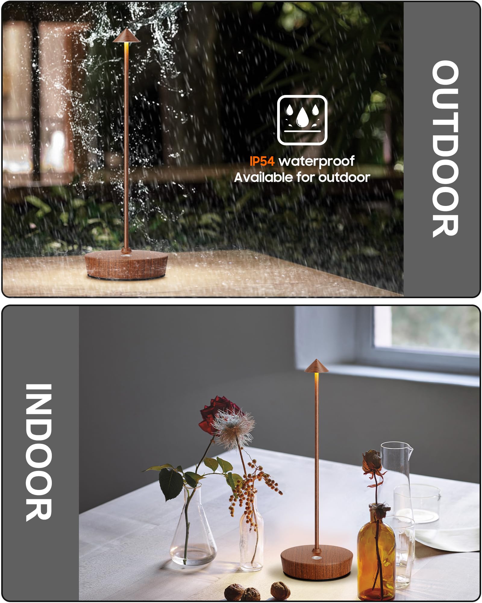 SHANGCAI Cordless LED Table Lamps, 6000mAh Battery, Waterproof, Touch Dimmable, Set of 2, Wood Grain, Model SC-2PX12-Wood