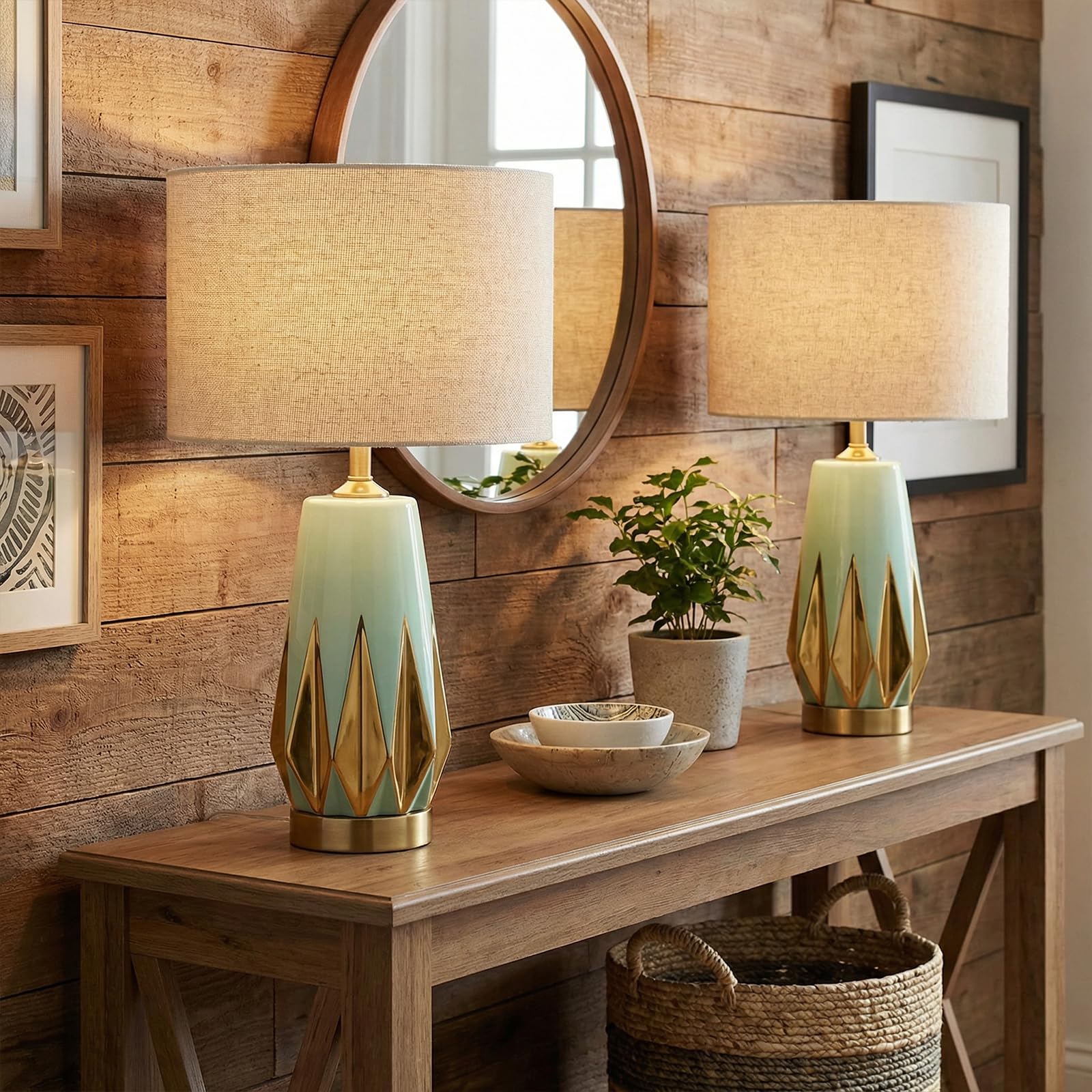 JINGOE 20 Mint Green Ceramic Table Lamps Set of 2 MCM Table Lamps for Bedroom Living Room Nightstand End Table Decor Lamps(Bulbs Included)