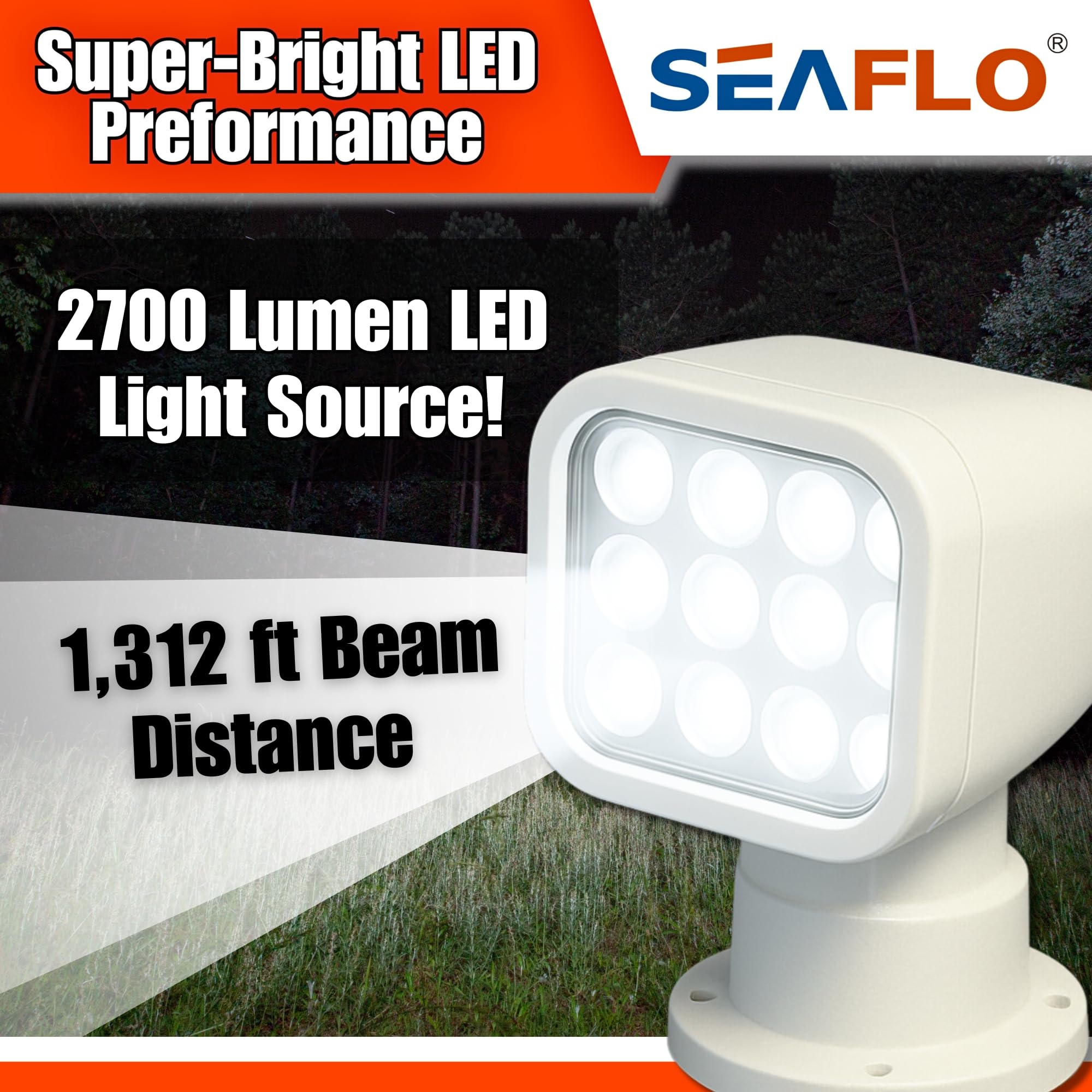 SEAFLO 360° Rotating LED Searchlight, Wireless Remote, IP66 Waterproof, 5500K White Light, Model SFSL-2700W-02W, for Boats & Trucks