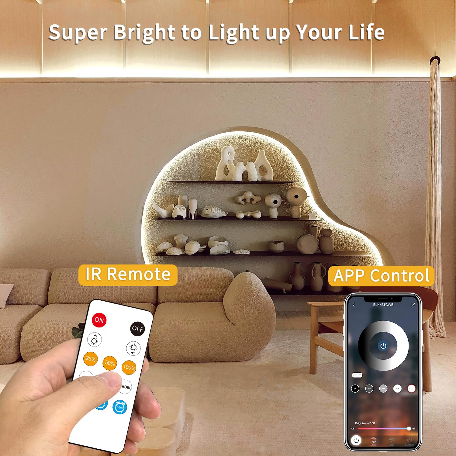 Yeewhale COB LED Strip Lights 100ft, Dimmable Warm White, Flexible Rope Lights with Remote & App Control, Model Yeewhale-100cobNB