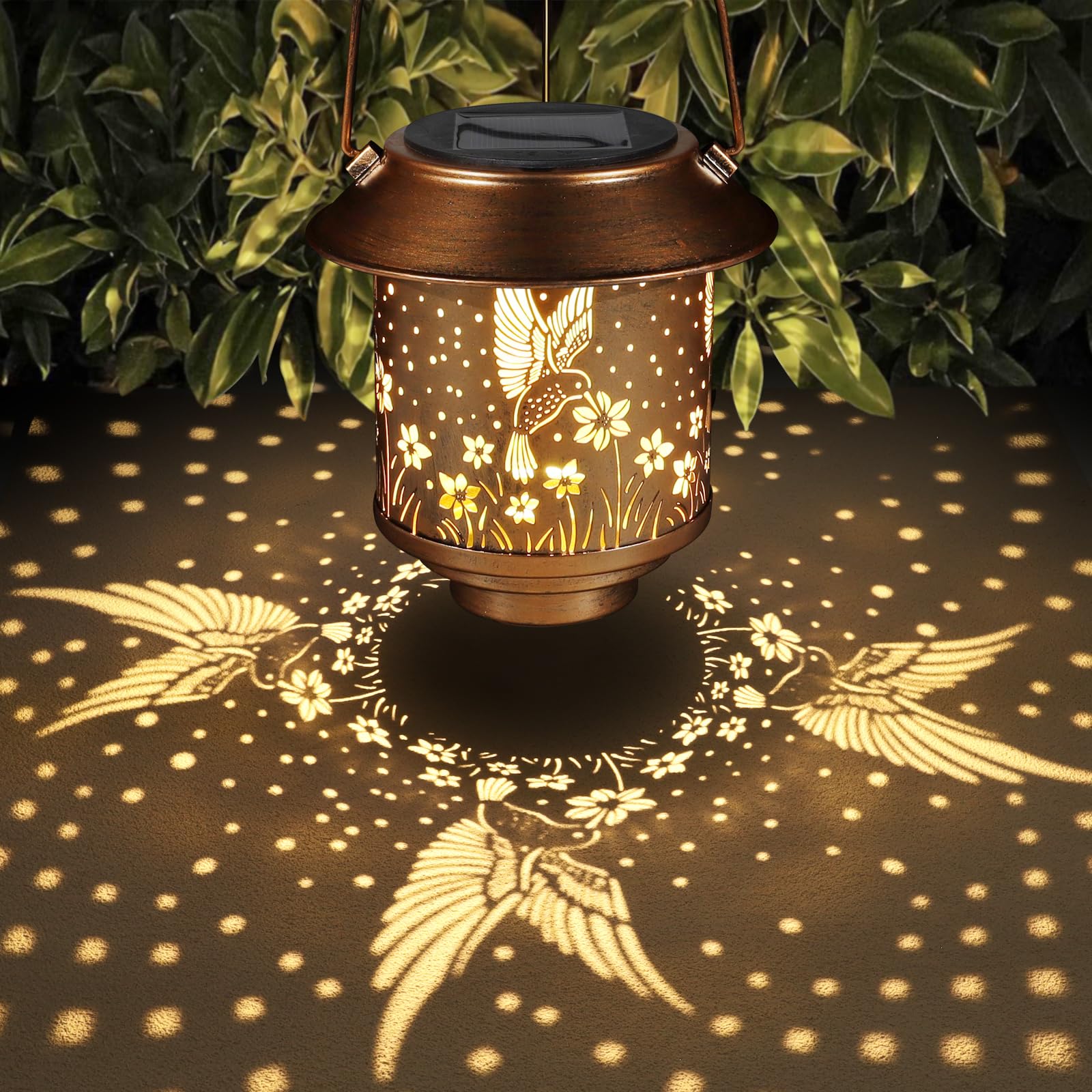 Outdoor Hanging Solar Lantern Waterproof Outside Metal Openwork Hummingbird Pattern Landscape Lights For Porch Garden Yard Patio