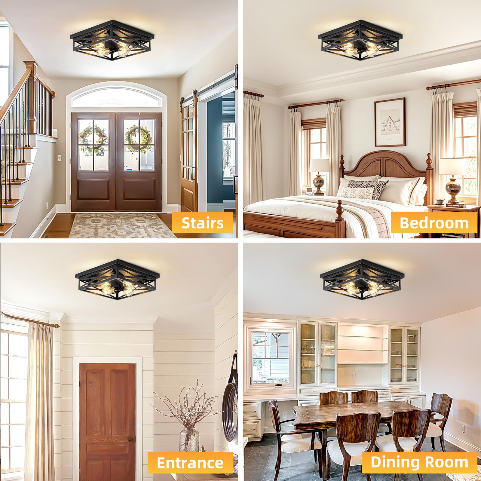 2 Pack Flush Mount Ceiling Light Fixture, Black Hallway Light, Metal Cage Closed To Ceiling Mounted Lights, 4-Light Farmhouse Fl