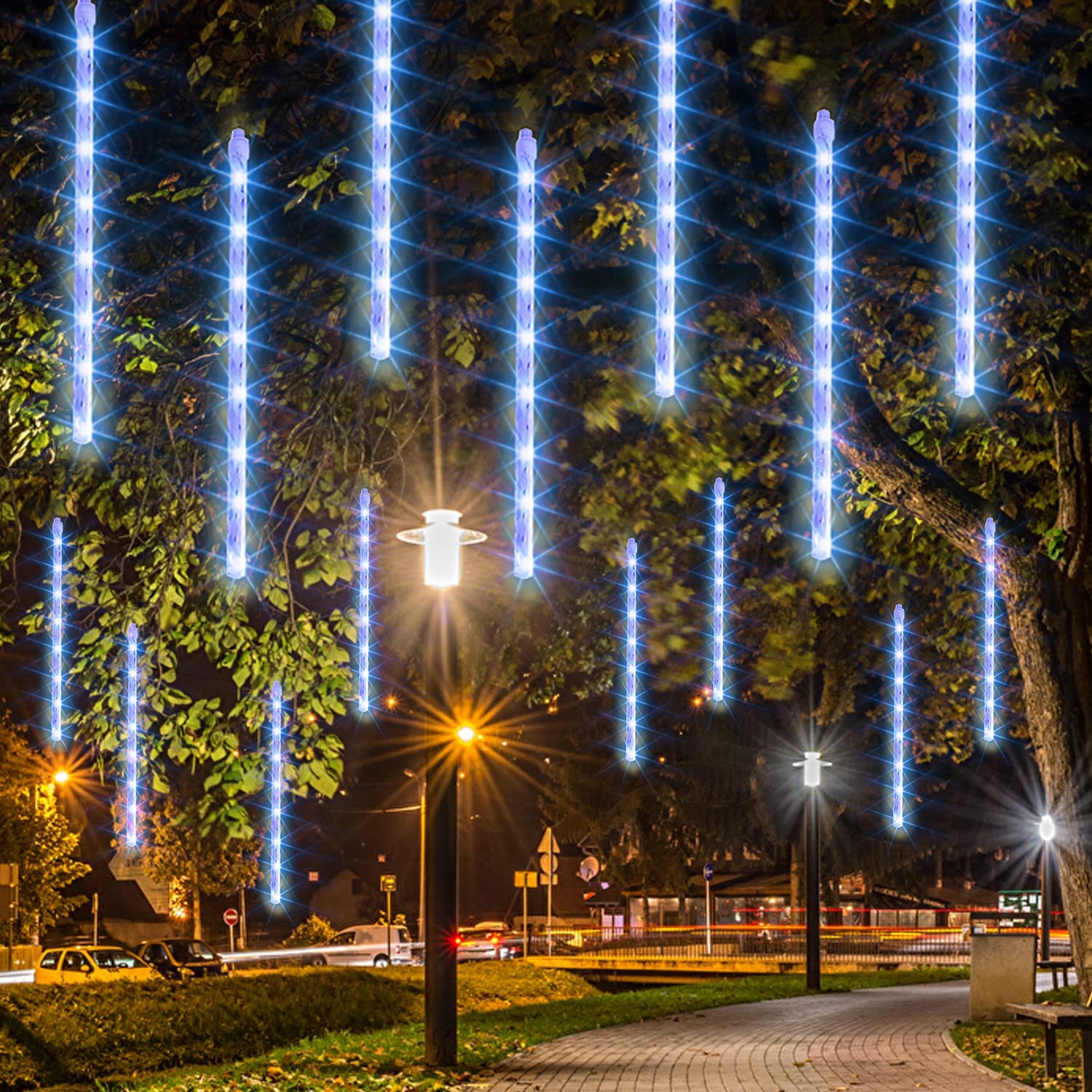 Dazzle Bright Christmas Lights Outdoor, 288Led Meteor Shower Rain Lights 12 Inch 8 Tubes, Waterproof Plug In Falling Icicle Lights Christmas Decorations For Xmas Tree Yard House Decor (Blue)