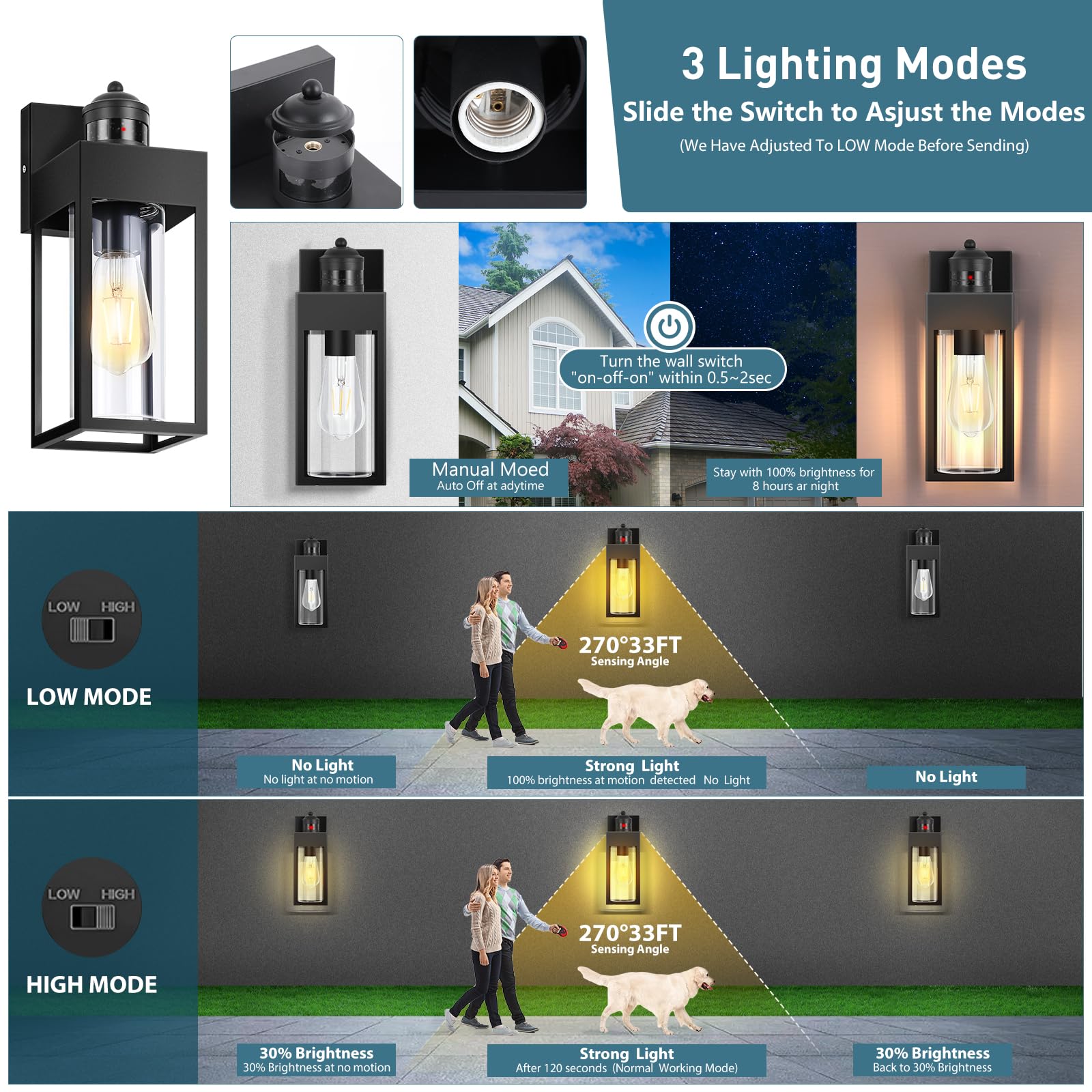 Lwsoy Motion Sensor Outdoor Wall Lanterns, 2 Packs Dusk To Dawn Sensor Light Fixture, Aluminum Waterproof Exterior Front Porch Lights For Garage Patio Garden House Entryway