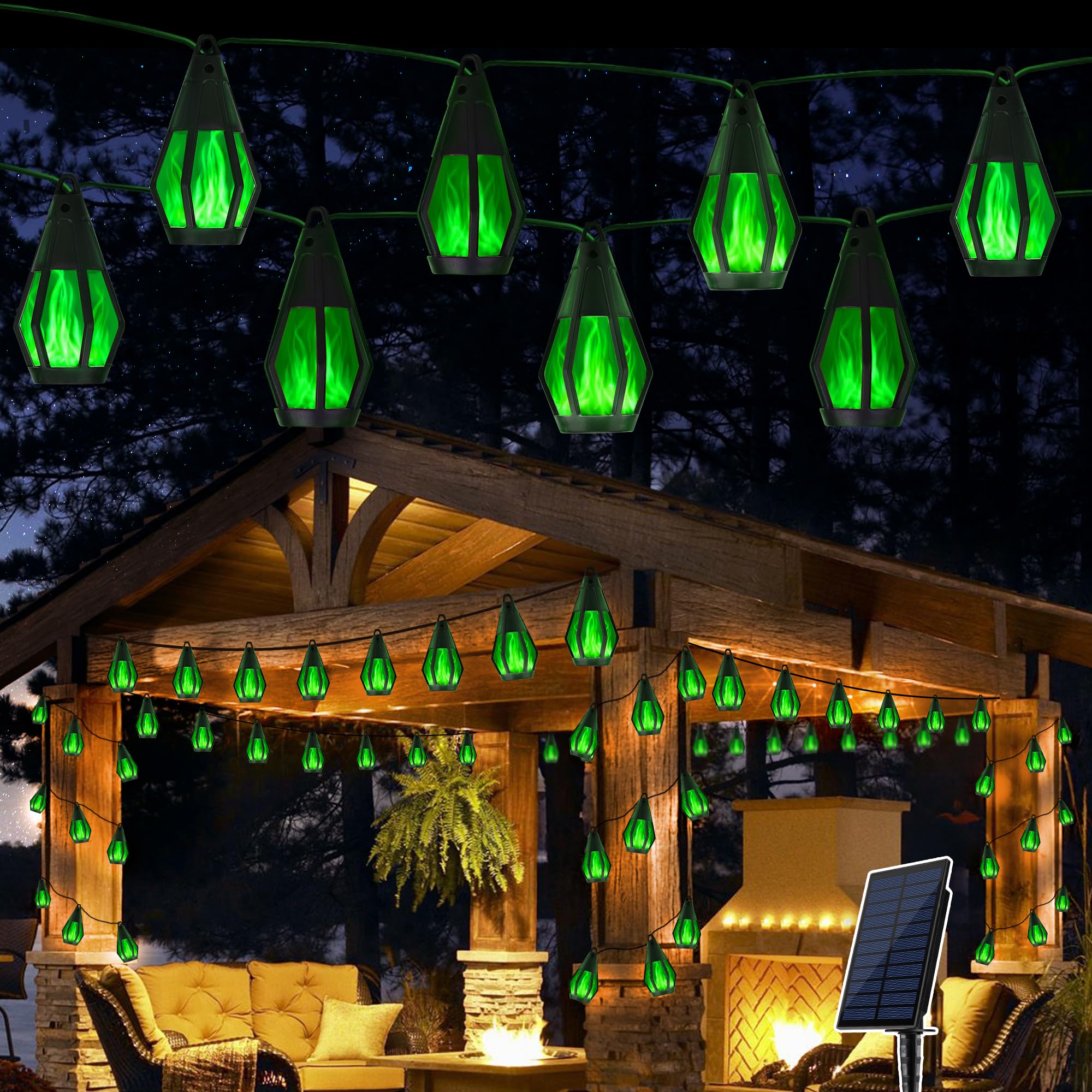 Solar String Lights for Outside, 21Ft Solar Patio Lights with 10 Flickering Flame Light Bulbs, Waterproof Green Solar Powered Ou