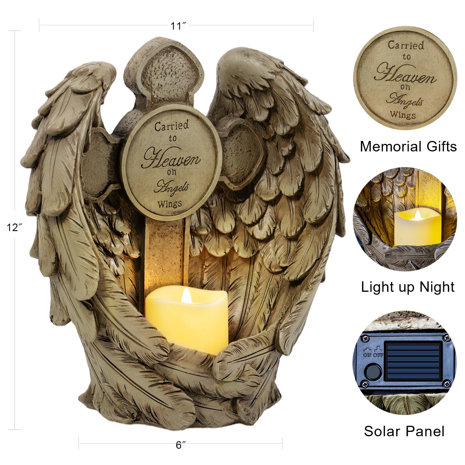 Candieslife Solar Angel Wing Cross Garden Lights, Waterproof Memorial Decor, 12" Resin, Angel Wings for Cemetery and Outdoor Use