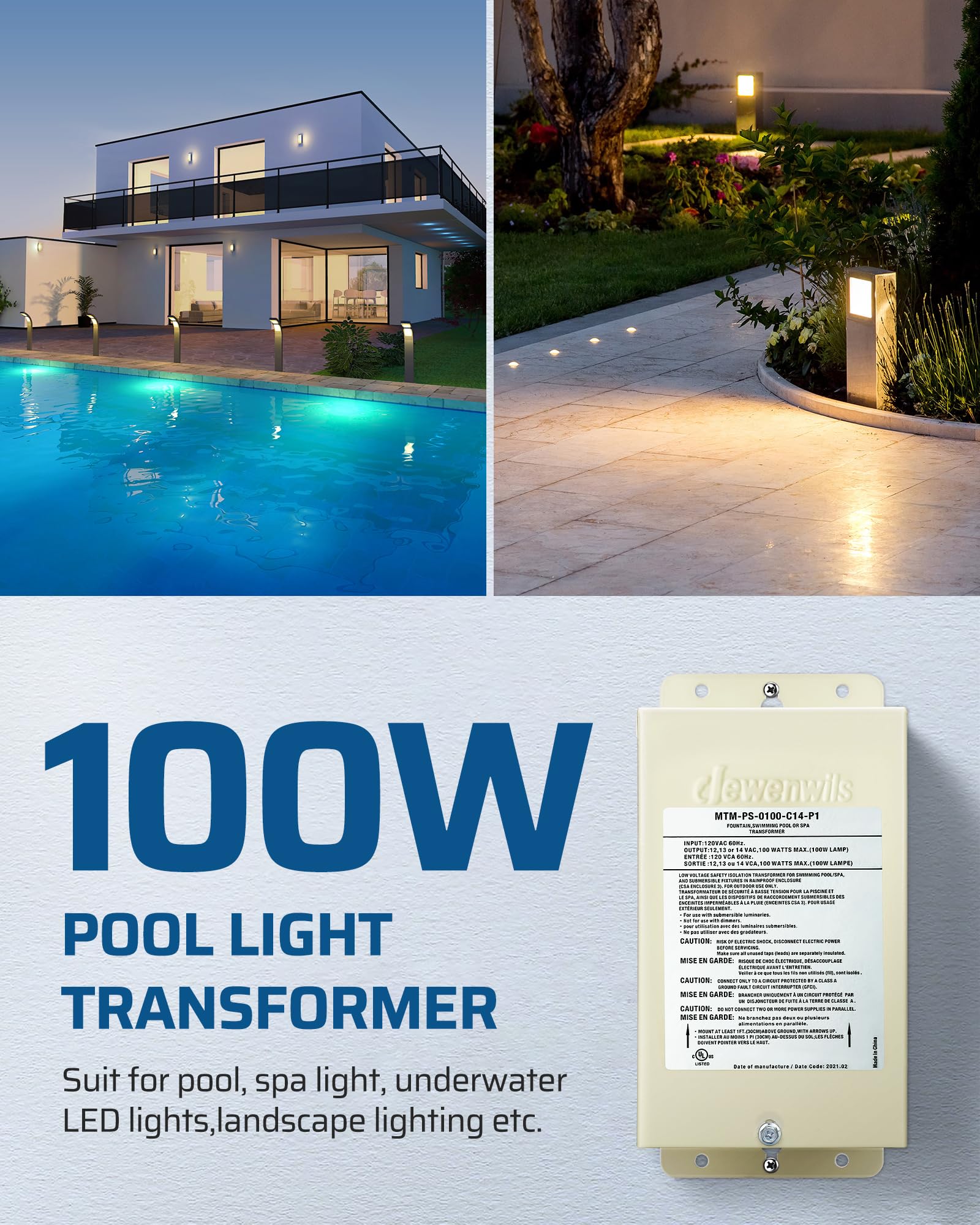 DEWENWILS 100W Pool Light Transformer, 120V AC to 12V/13V/14V AC, Multi-tap Low Voltage Transformer for Swimming Pool Lighting,