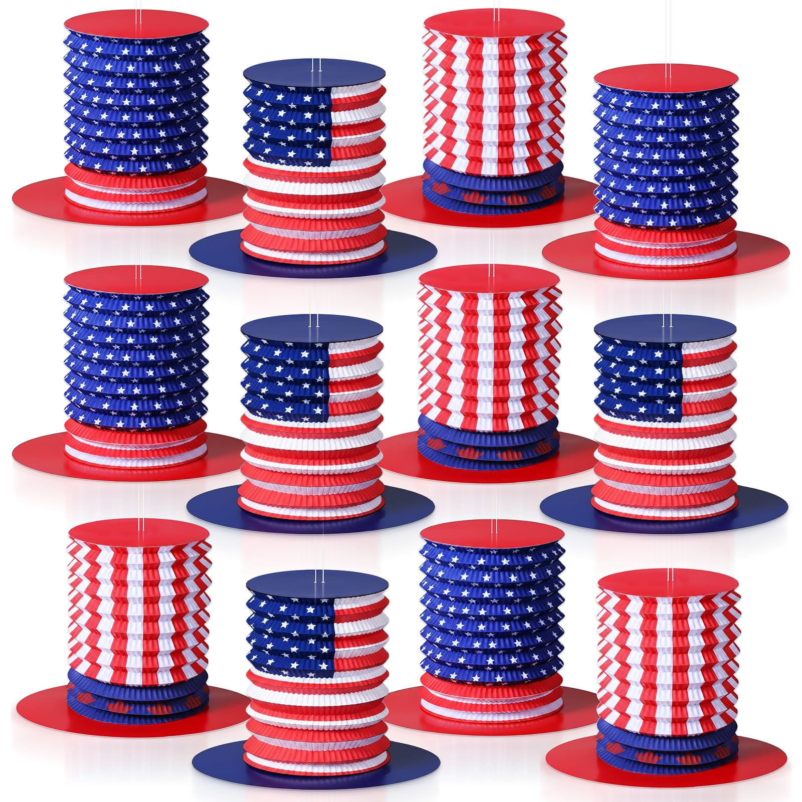 Blosssound 12 Pcs 4th of July Paper Lanterns 6.3 x 8.7 Inch Patriotic Red White Blue Top Hat Lanterns American Flag Hanging Deco