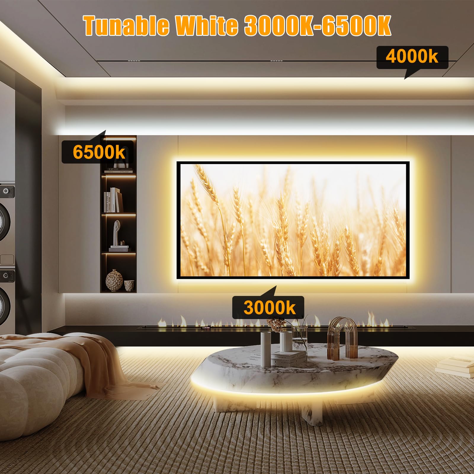Tatazone 32.8ft Tunable White Smart COB LED Strip Light Kit, Dimmable, CCT 2700K-6500K, Compatible with Alexa & Google, White