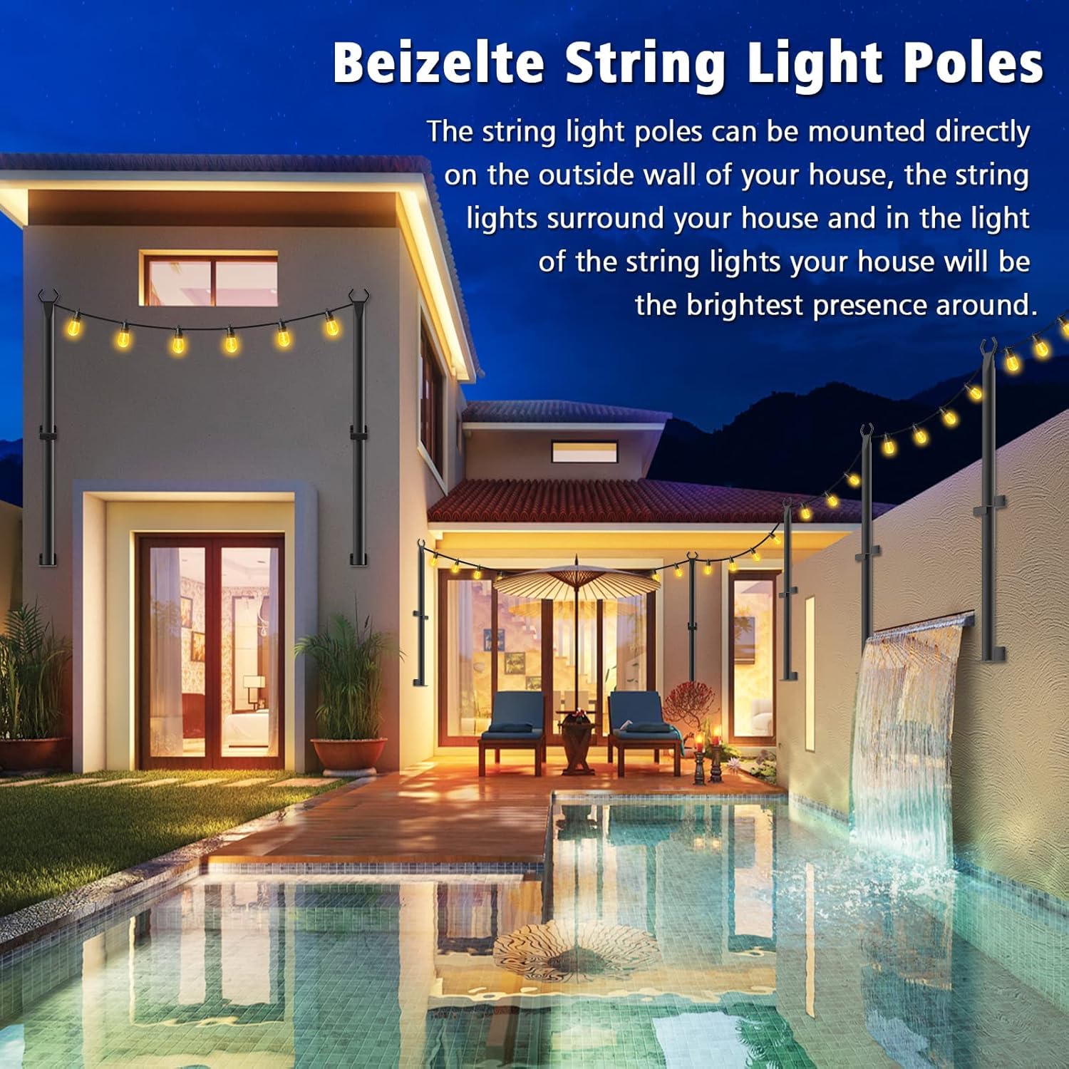 Beizelte 5Ft Outdoor String Light Poles - Black Metal Stand for Patio & Backyard, Model SLP-Beizelte, 4 Pack