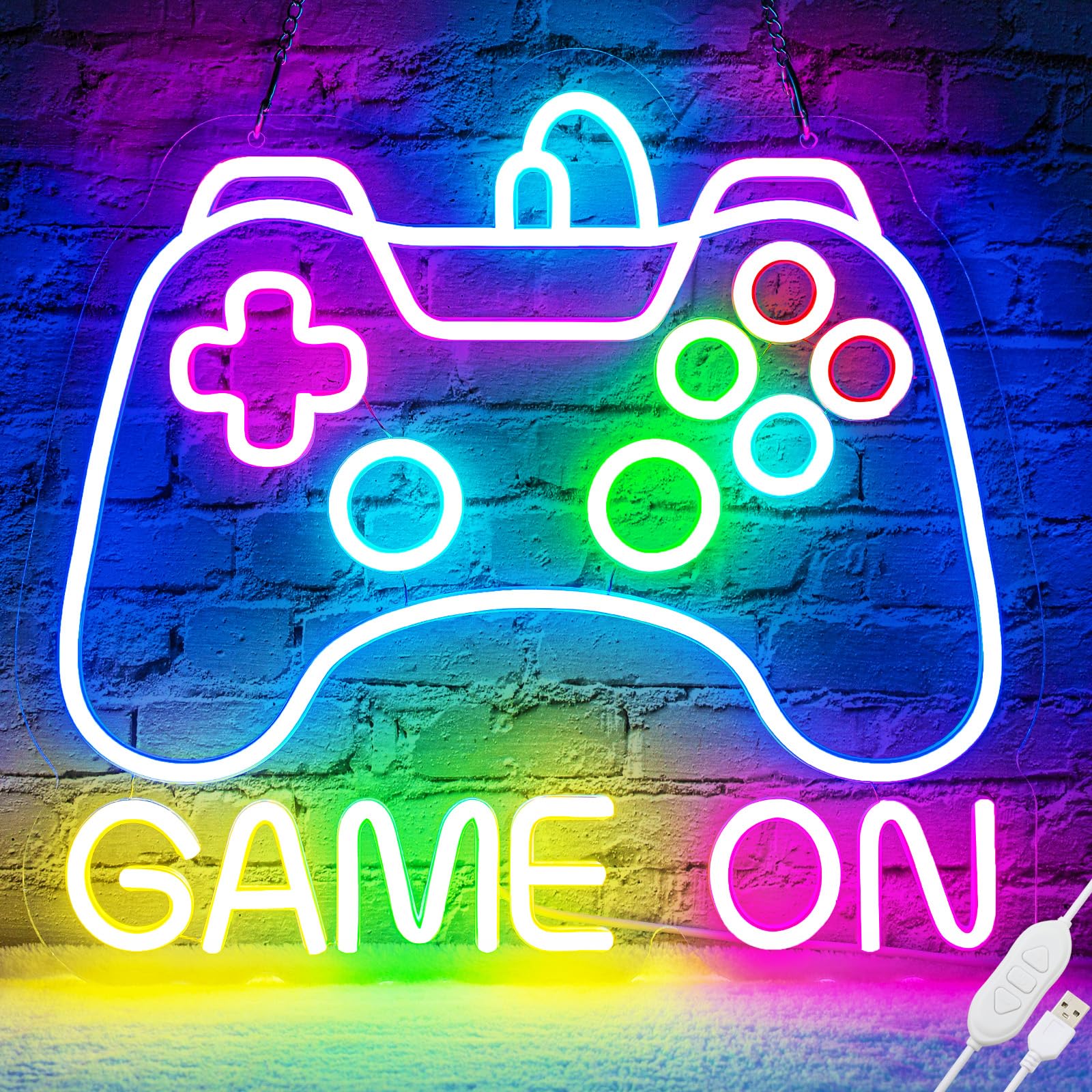 Basaneon Gamer Neon Sign, Game Controller LED Decor, Dimmable USB Powered, 14.1x12.9 inches, A-Game On, Model ZF-GAME ON