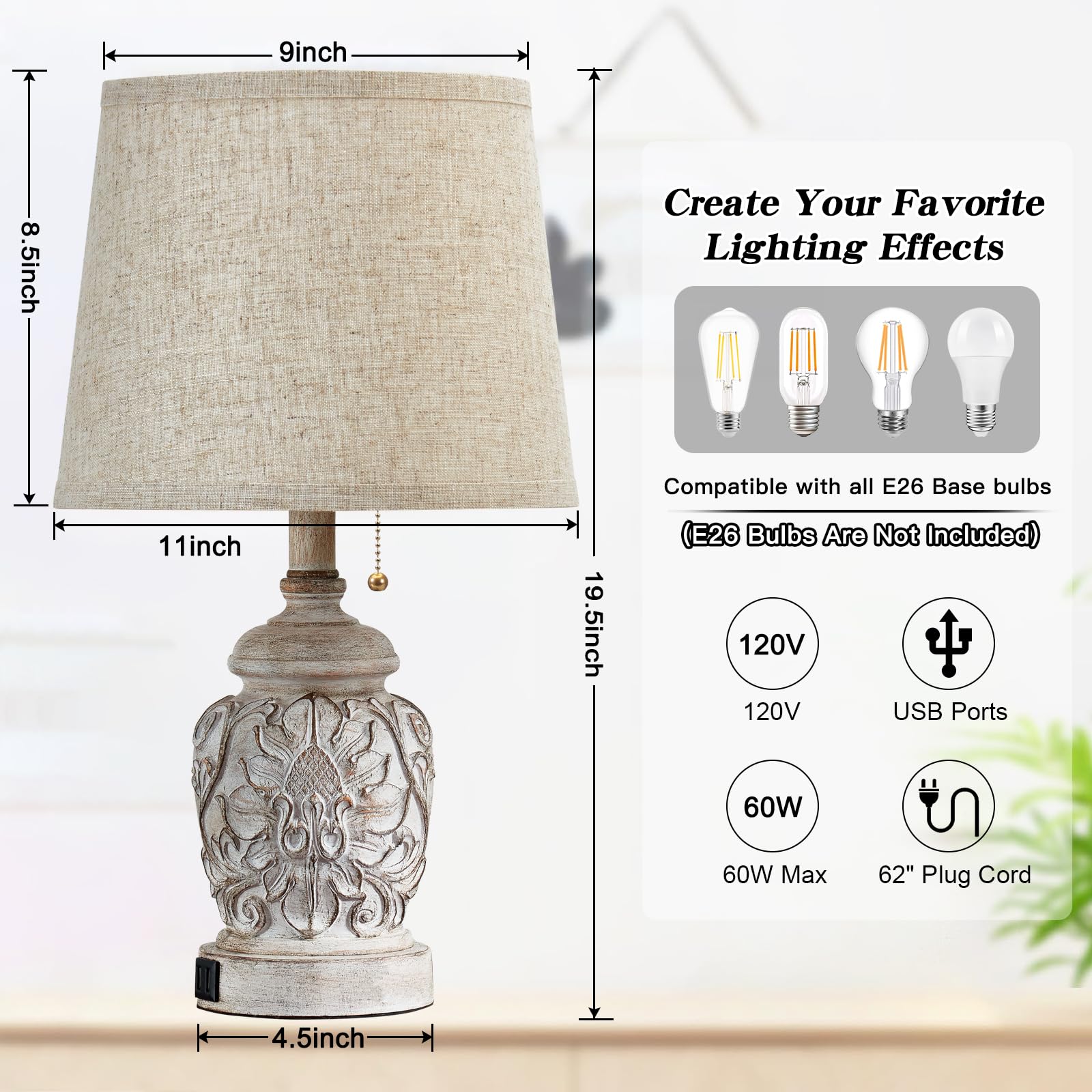 Fullarge Vintage Rustic Table Lamp Set of 2, 19.5" White with Pull Chain Switch and USB Ports for Living Room/Bedroom Decor, Model T0126