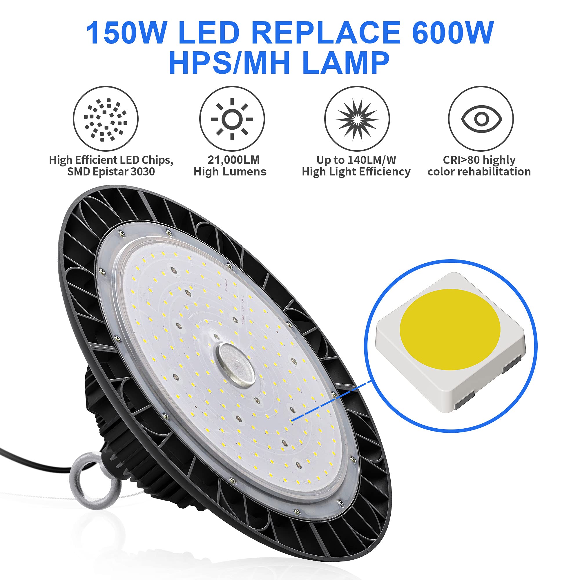 Hugtek LED High Bay Light 150W 21000 LM IP65 Waterproof 5000K Daylight Black