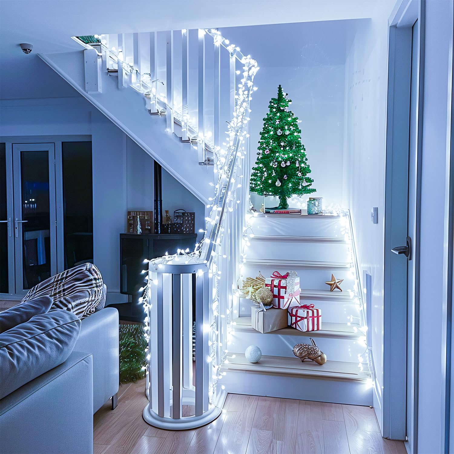 POTIVE 33ft 100LED White Christmas String Lights, Waterproof, 8 Modes, Indoor/Outdoor, Model EXS-S-0100