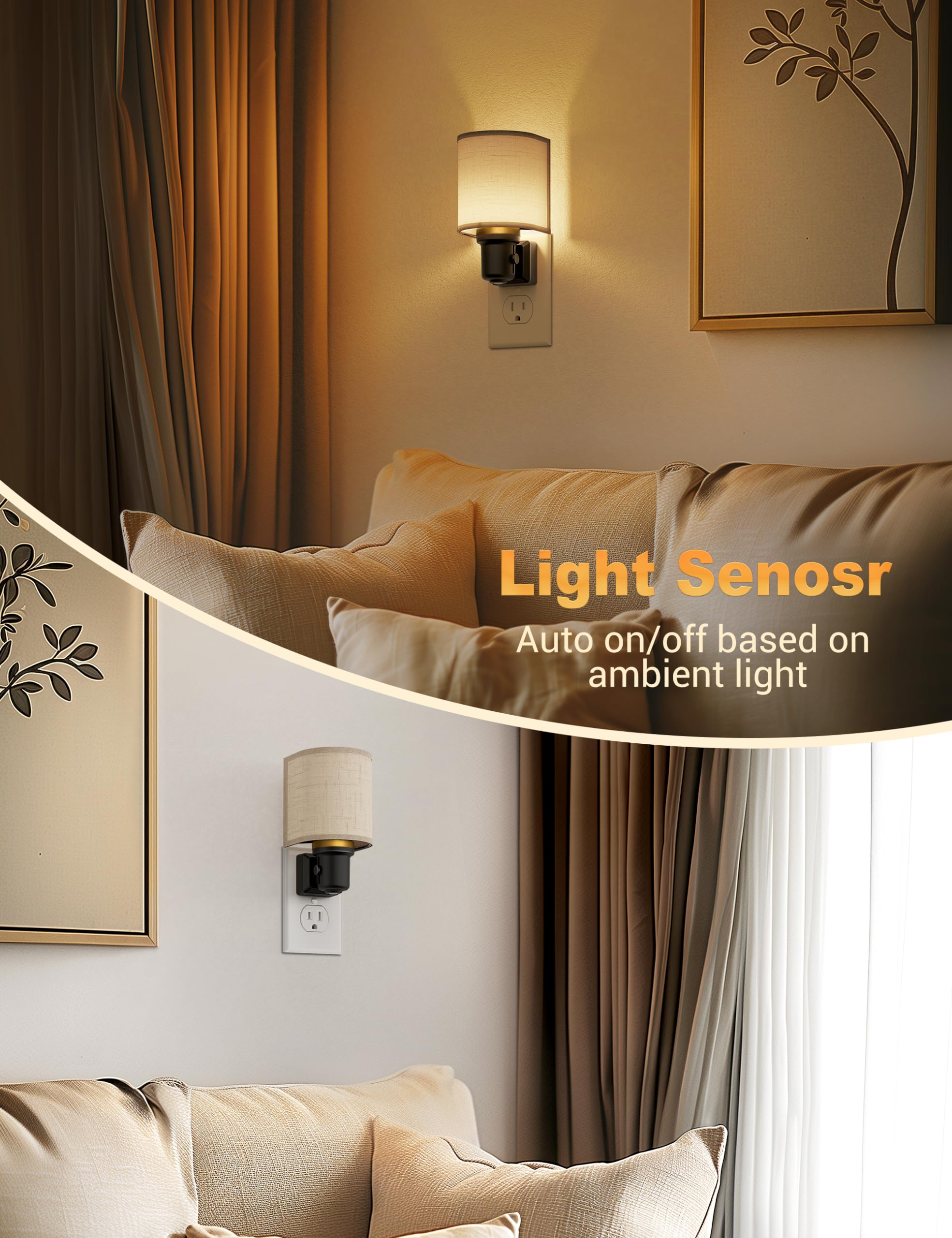 JandCase LED Night Light with Auto On/Off Sensor, Dimmable 0-100LM, Warm White 3000K, Plug-in Wall Light for Bedroom, Hallway, Bathroom