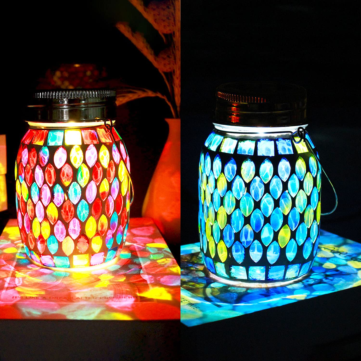 2 Pack Solar Outdoor Mosaic Lantern,Solar Lights Outdoor Hanging Lanterns Rechargeable Waterproof Table Lamp Mosaic Night Light
