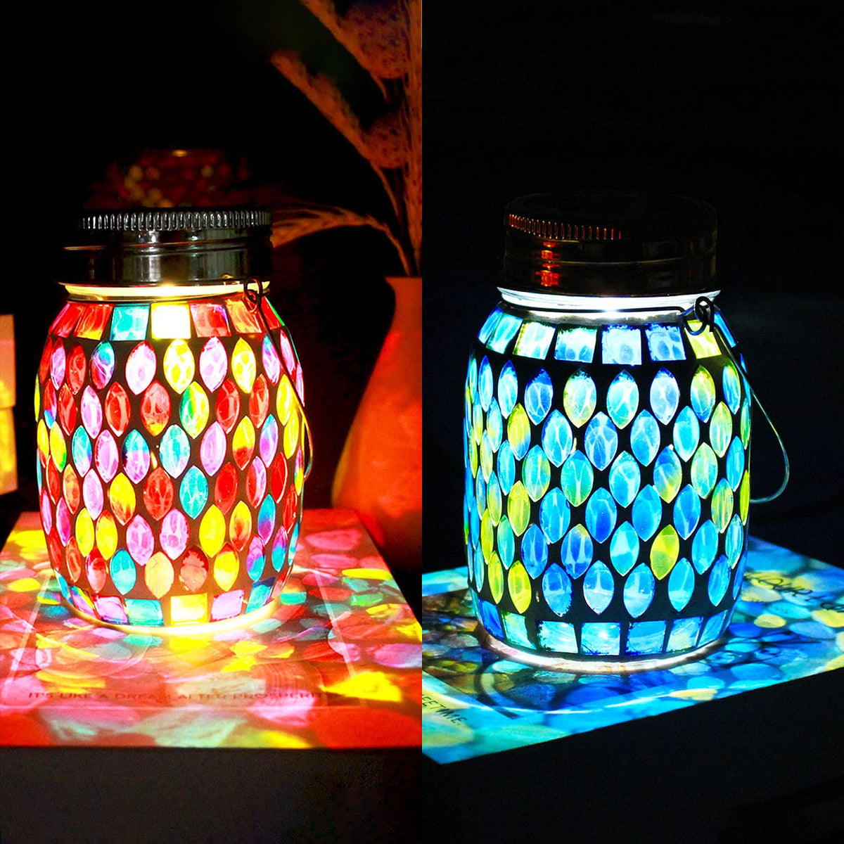 2 Pack Solar Outdoor Mosaic Lantern,Solar Lights Outdoor Hanging Lanterns Rechargeable Waterproof Table Lamp Mosaic Night Light