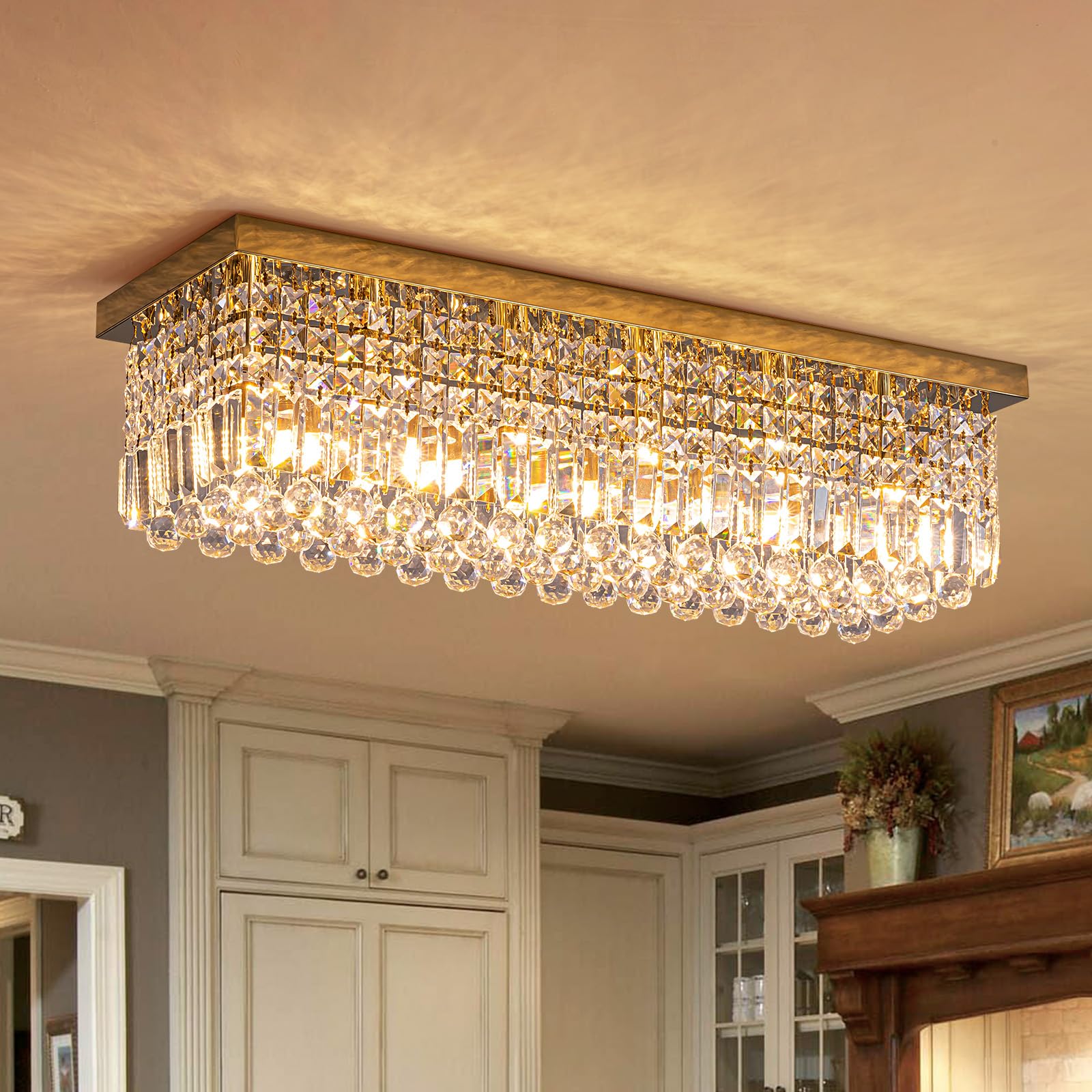 7PM Rectangular Chandelier, Modern Dining Room Light Fixture with Raindrop Chandelier Crystals, 13-Light Flush Mount Rectangle C
