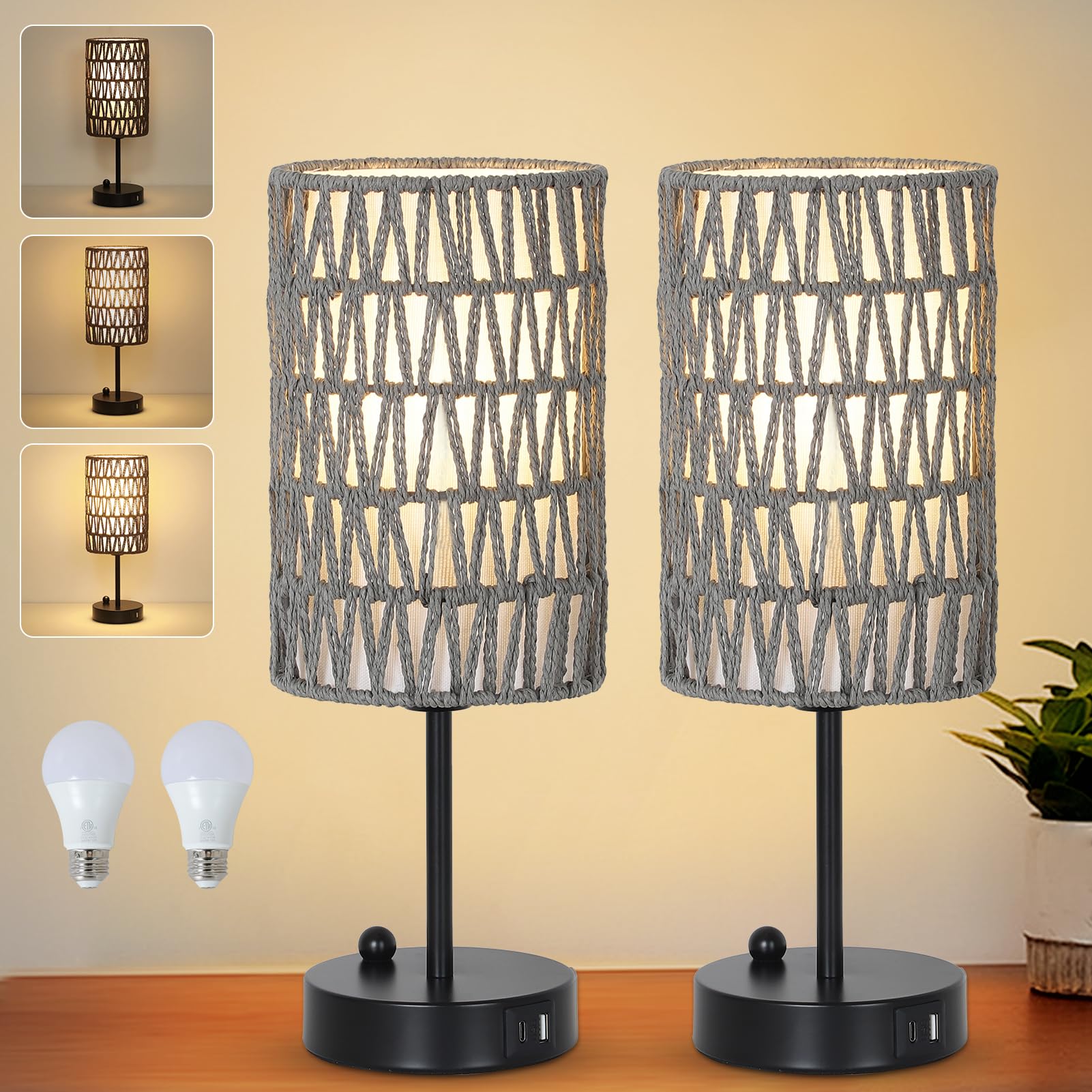 Eayaya Gray Bedside Lamps Set of 2, Touch Control Night Stand Lamp for Bedroom with Rattan & Linen Shade & Bulbs, 3 Way Dimmable
