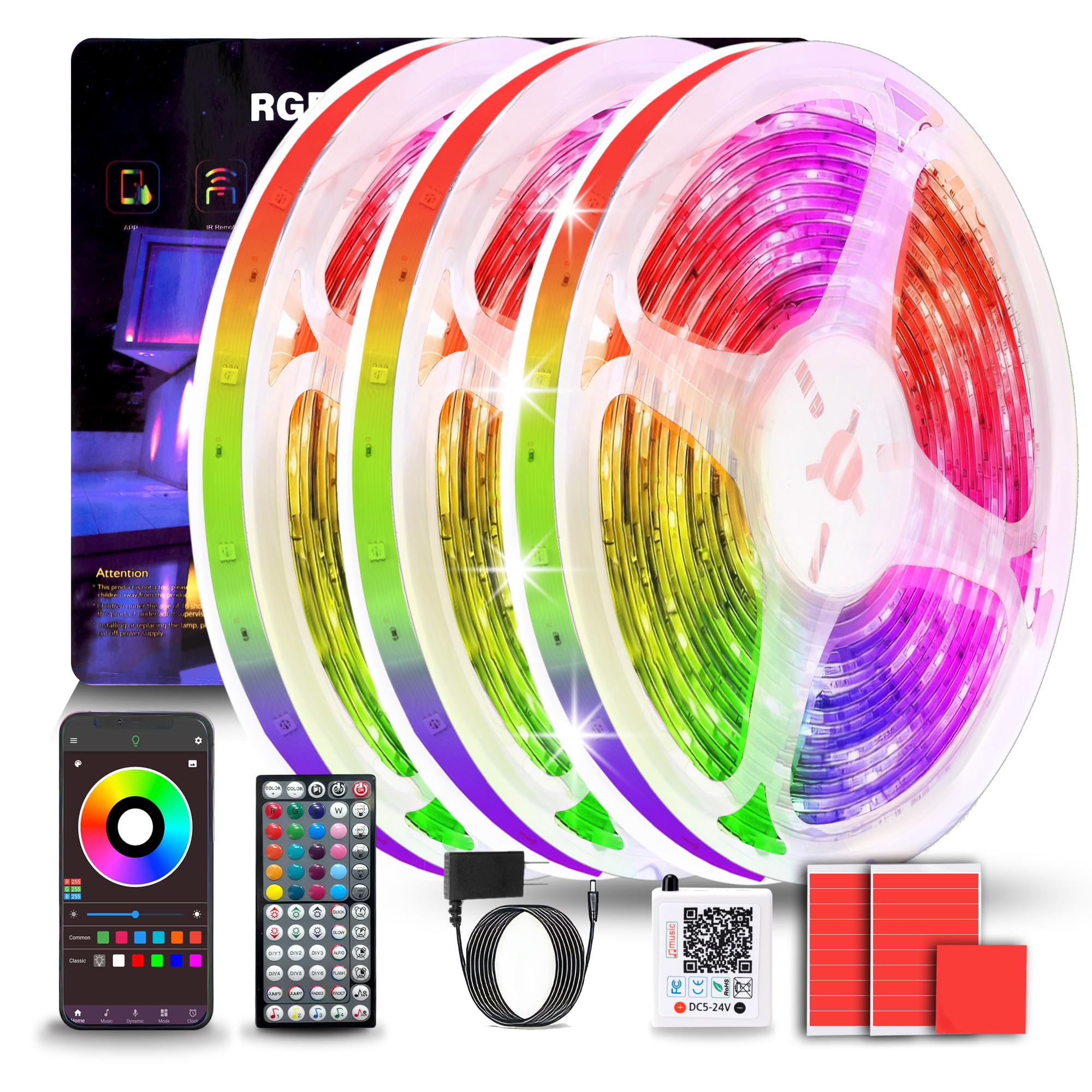 NBBUFF Led Lights for Bedroom 300FT (3 Rolls of 100ft), Color Changing RGB Led Strip Lights with 60 Keys Remote and App Control,
