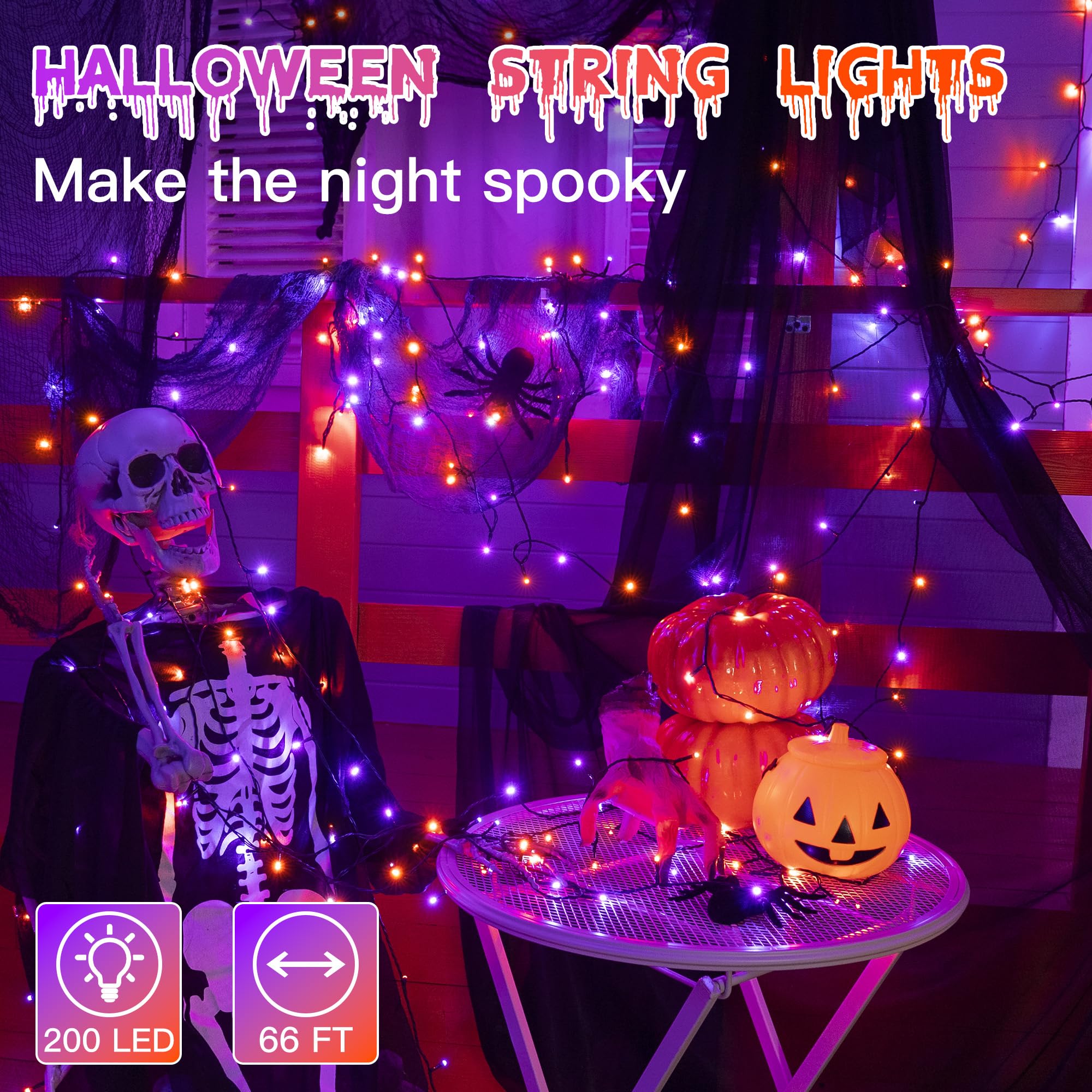 Guhope Halloween Lights, 200 LED Waterproof String Lights, 8 Lighting Modes, Orange + Purple, Model NYA0200C