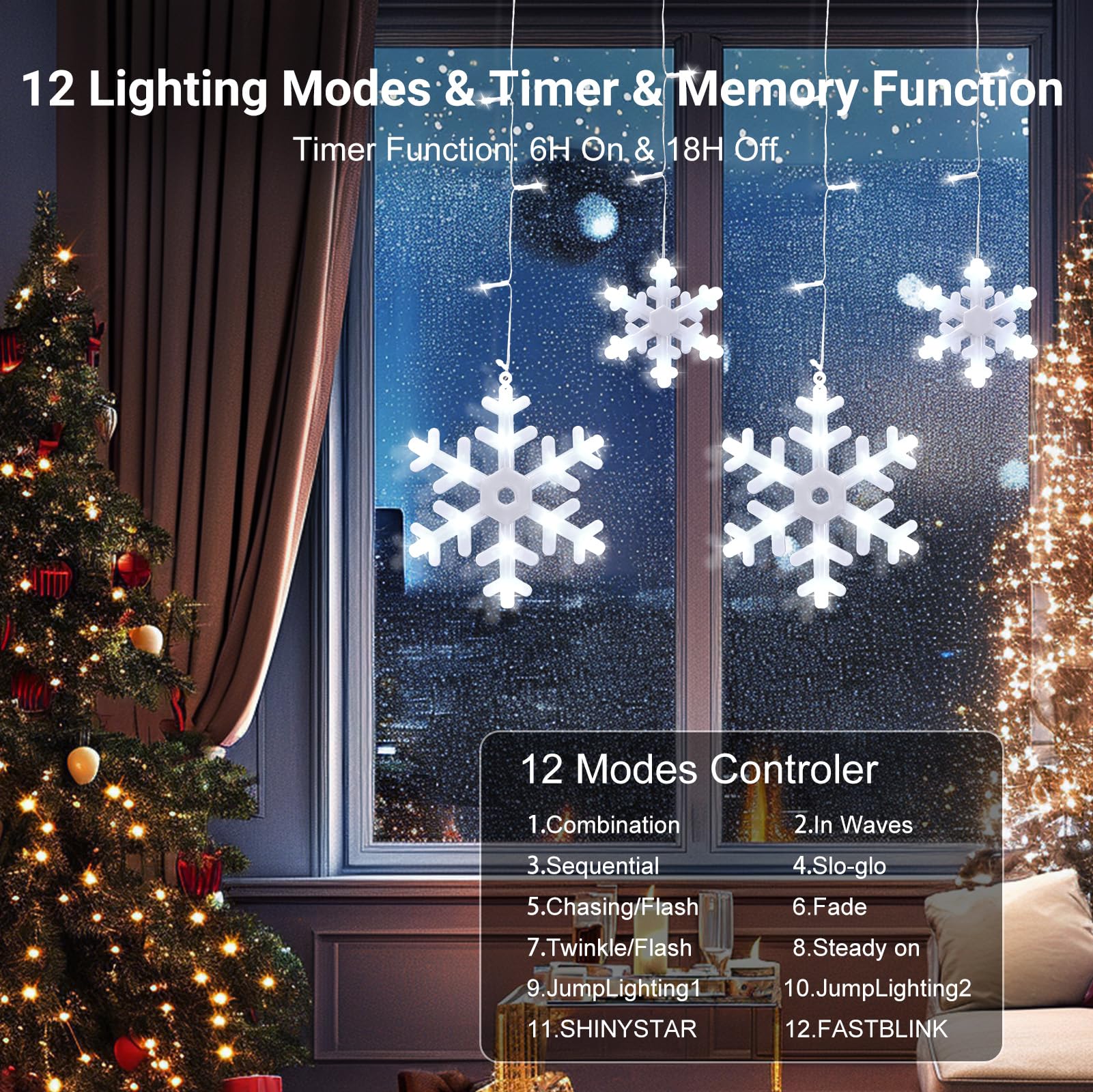 Brightown Christmas Snowflake Icicle Lights, 19.5FT, 288LED, 12 Modes, Timer, IP65 Waterproof, Connectable, White